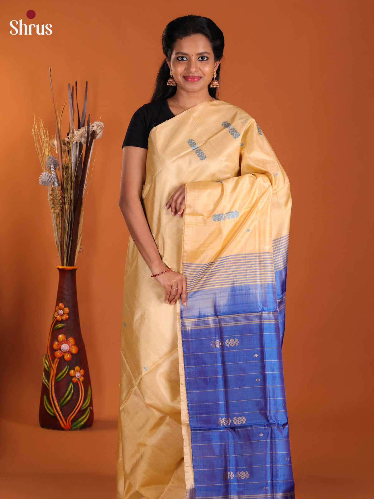 Pale Yellow & Blue - Banana Pith Saree