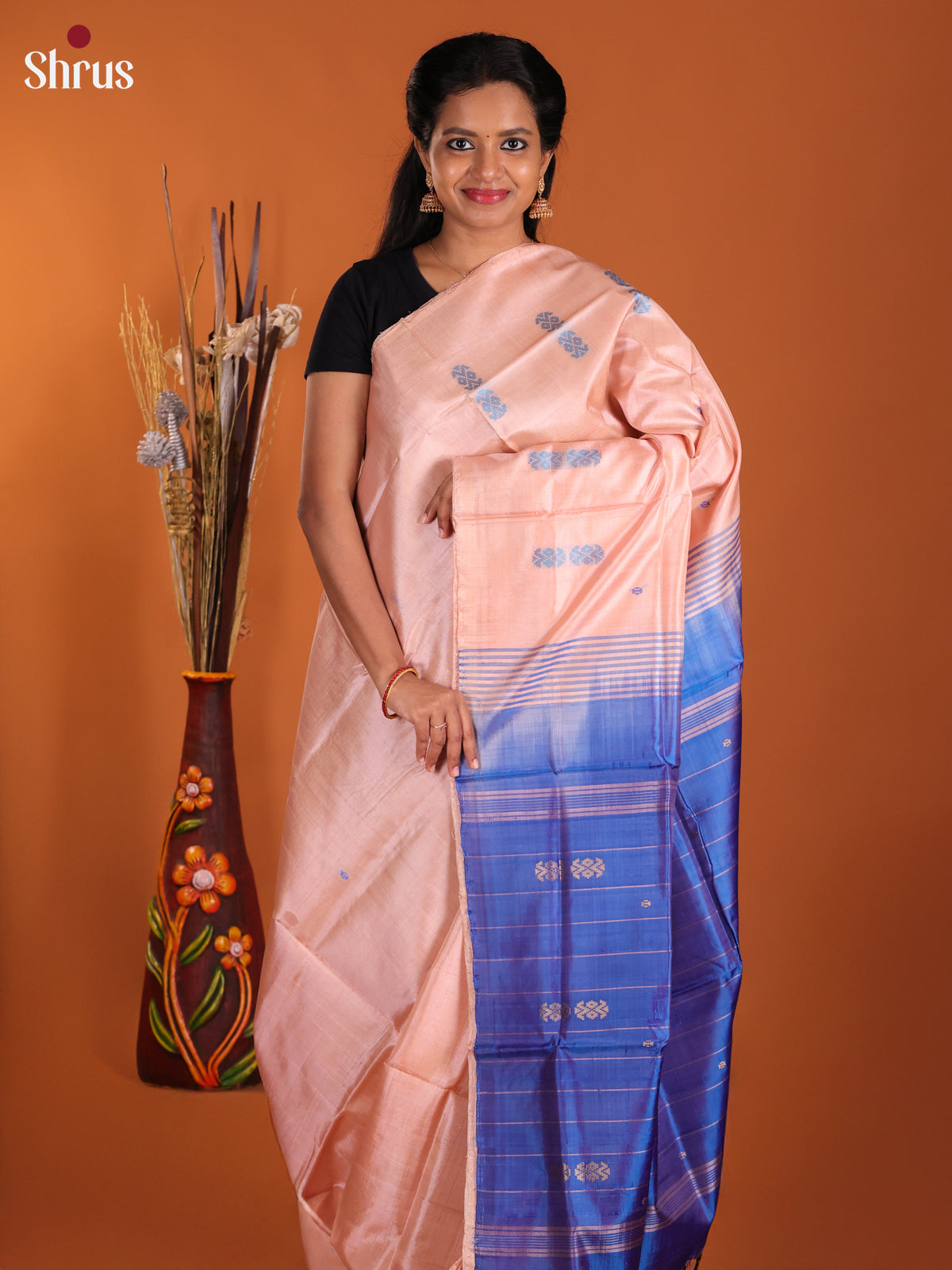 peachish pink & Blue - Banana Pith Saree
