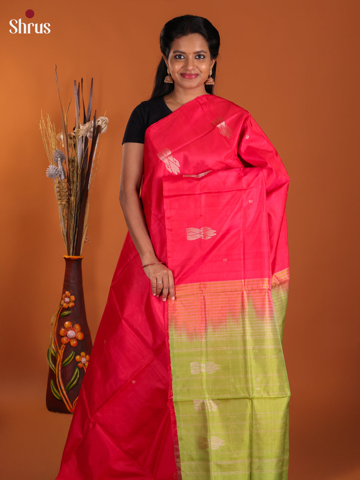 Reddish Pink & Green- Banana Pith Saree
