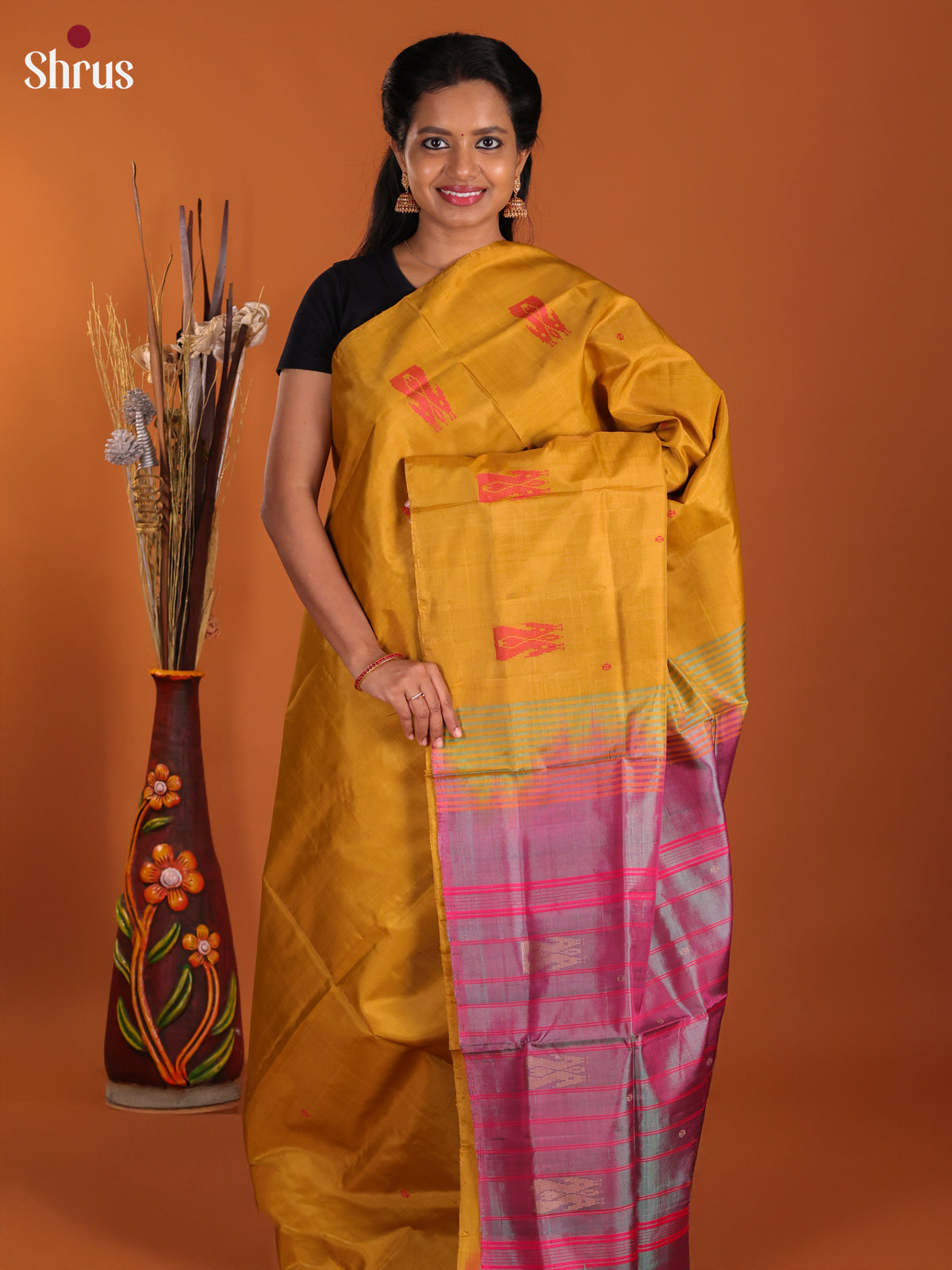 Mustard & double Shaded Pink - Banana Pith Saree