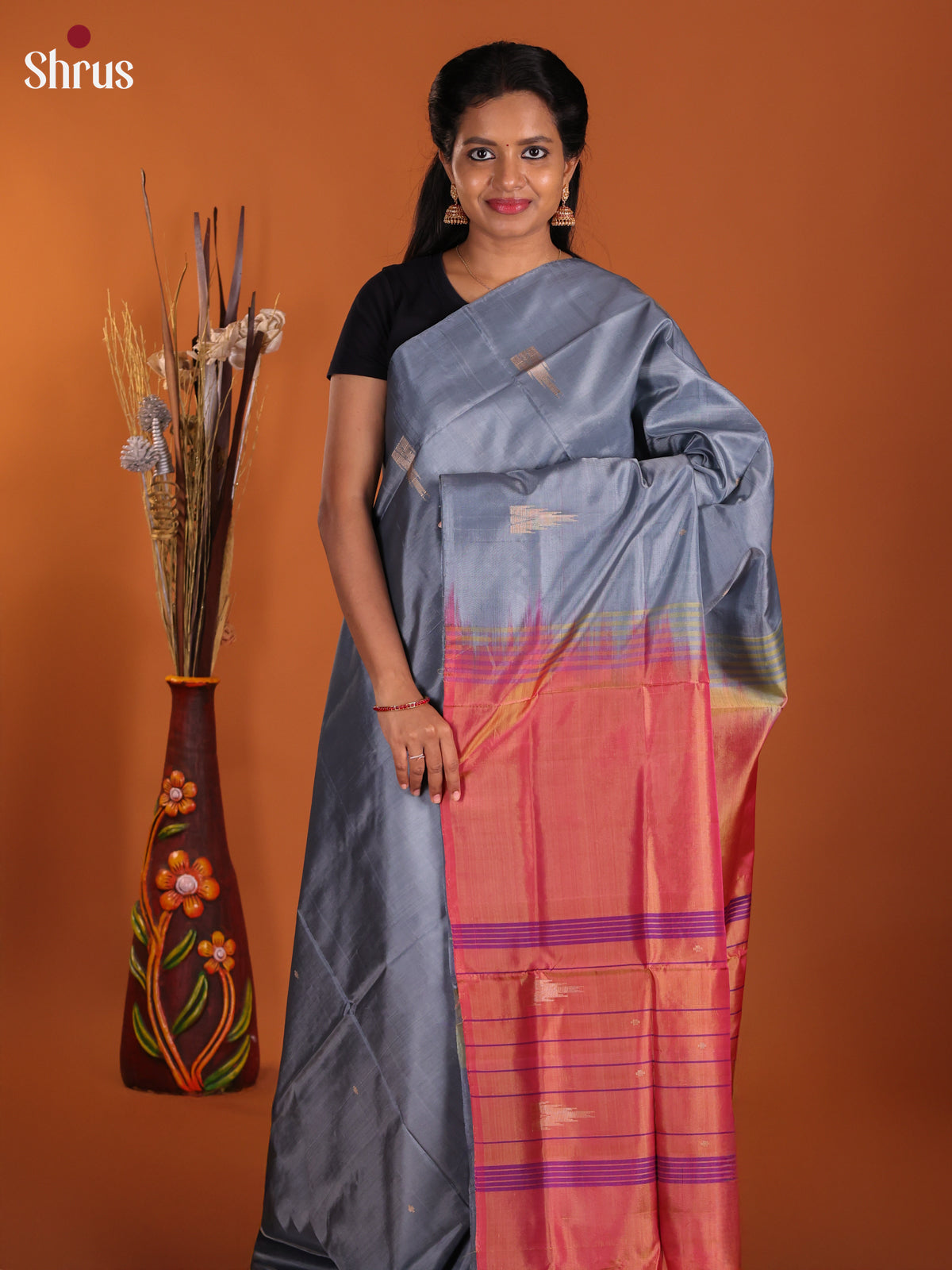 Grey & Orange - Banana Pith Saree