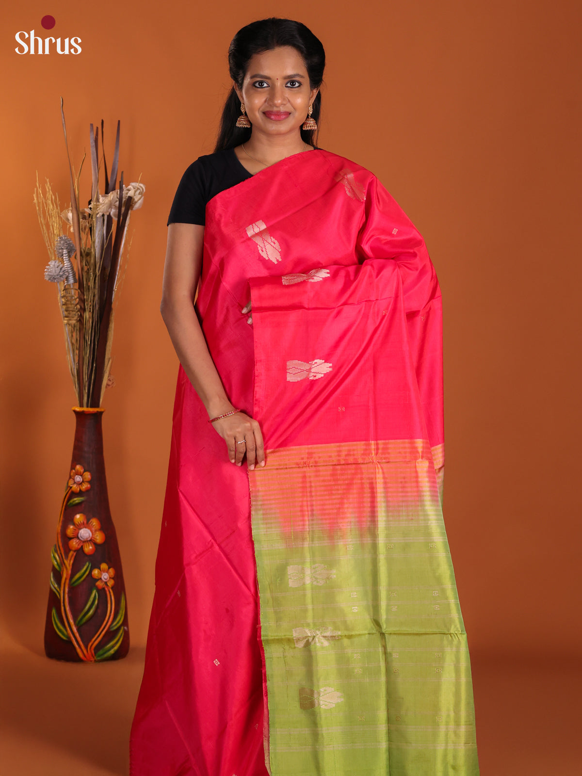 Red & Light Green - Banana Pith Saree