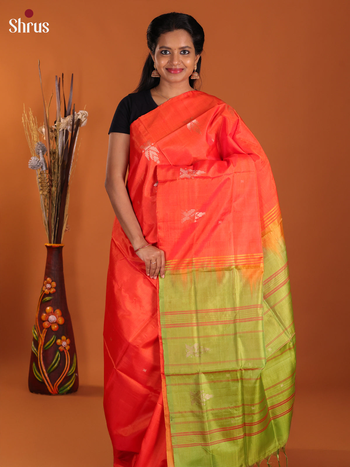 Orange & Green- Banana Pith Saree
