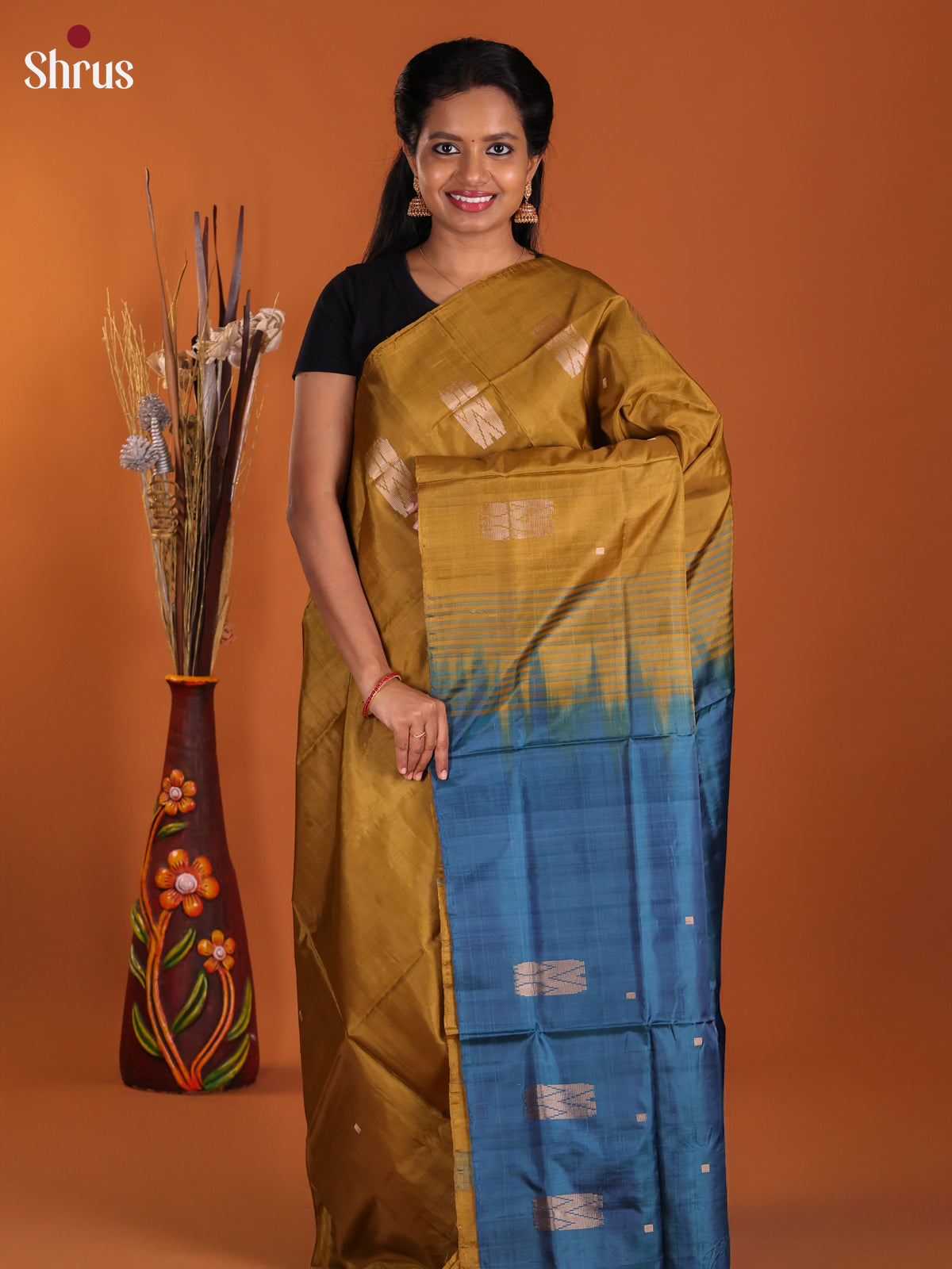 Dark Mustard & Blue - Banana Pith Saree