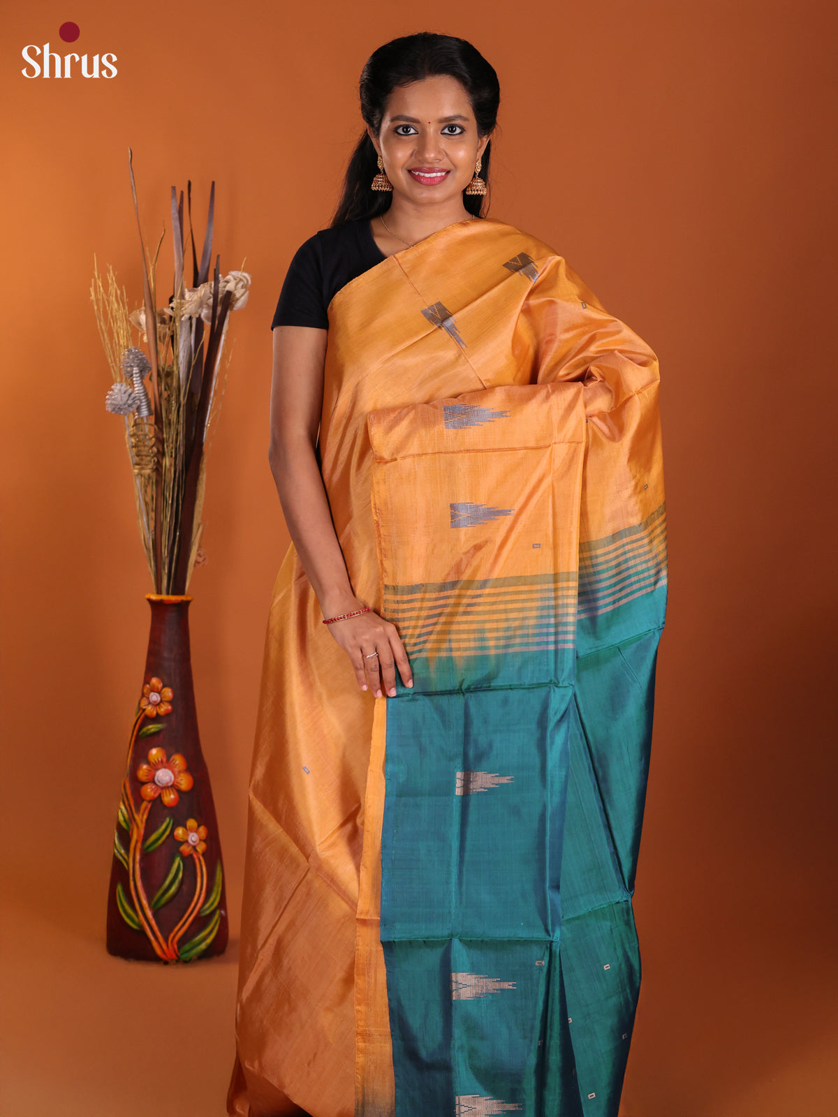 Orange & Green - Banana Pith Saree - Shop on Shrus.com