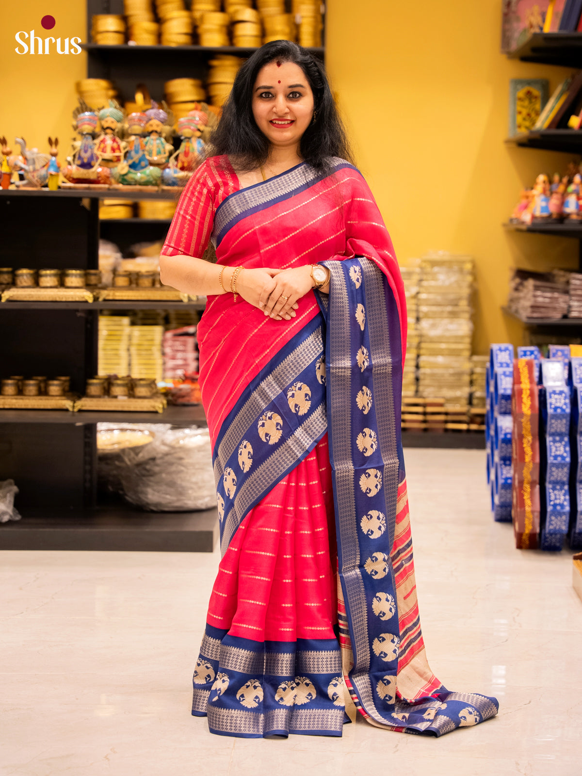 Red & Blue - Semi Mysoresilk Saree