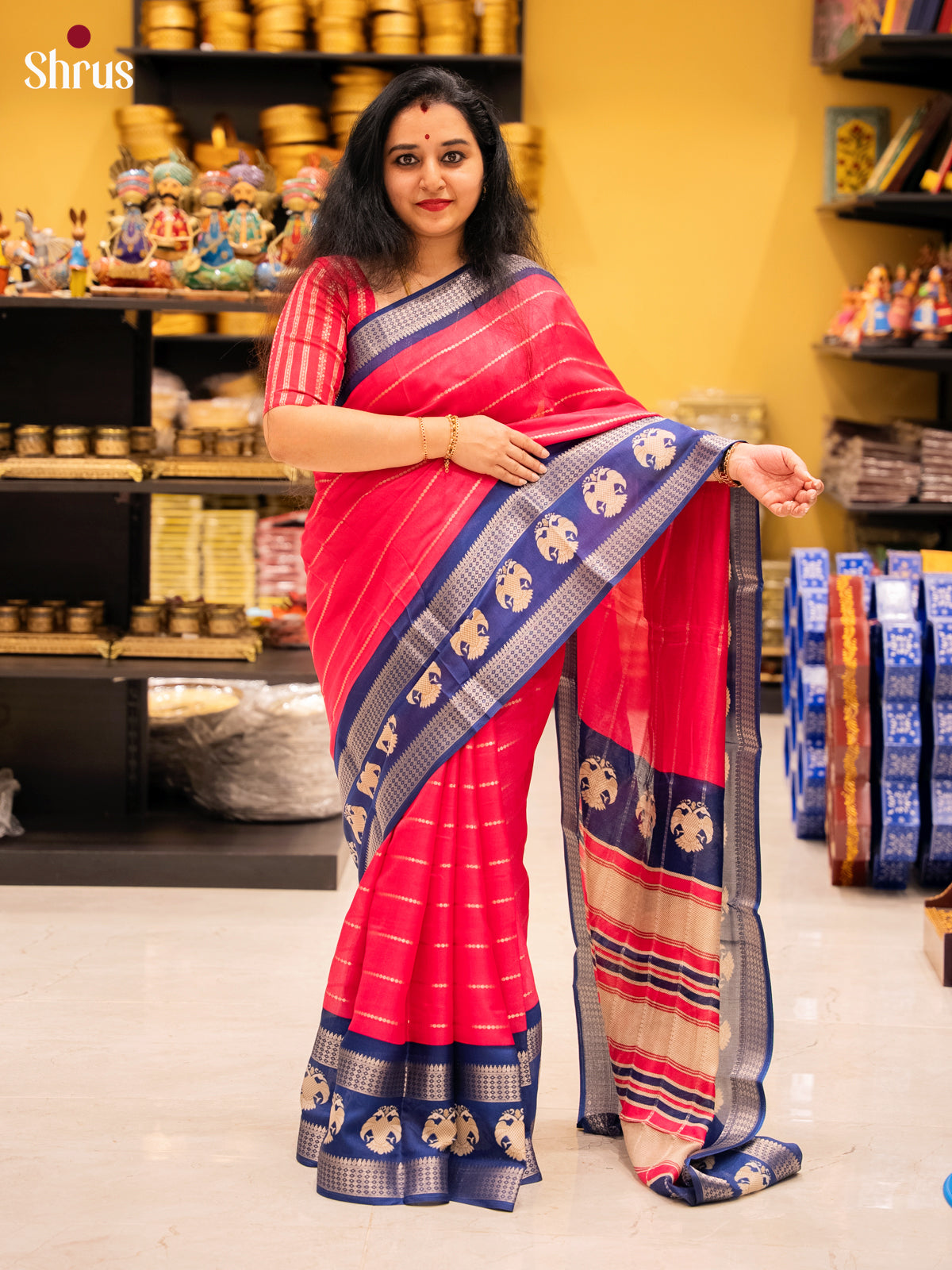 Red & Blue - Semi Mysoresilk Saree