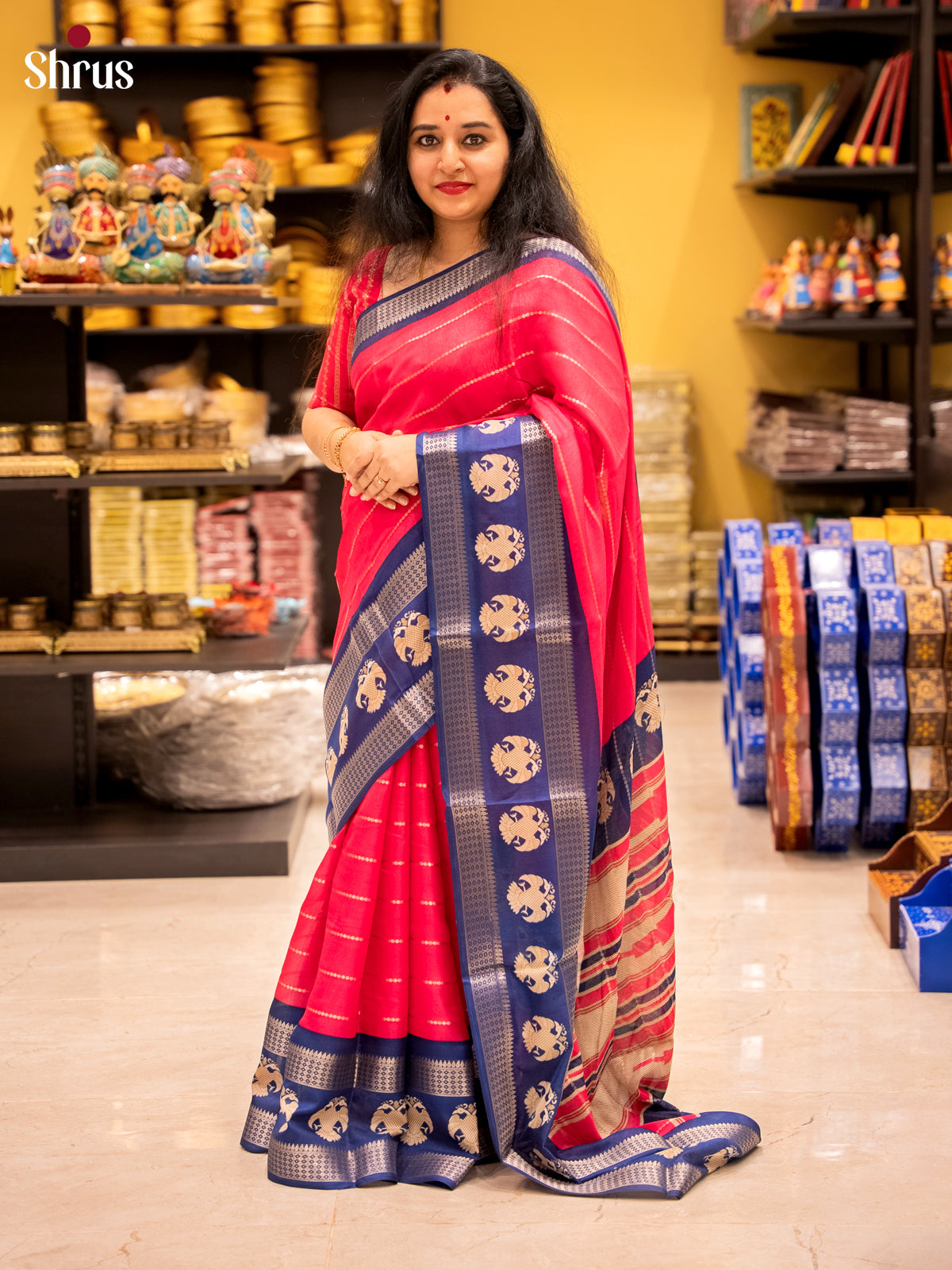 Red & Blue - Semi Mysoresilk Saree