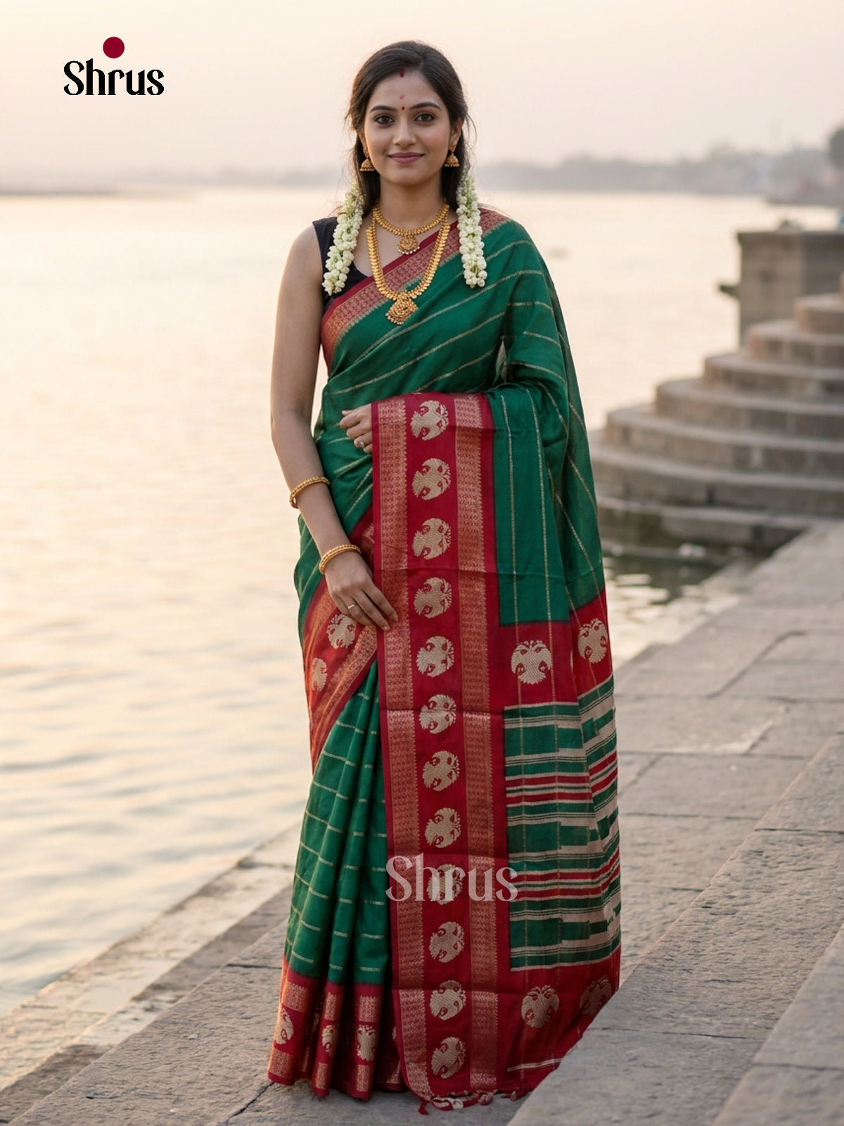Green & Red- Semi Mysoresilk Saree