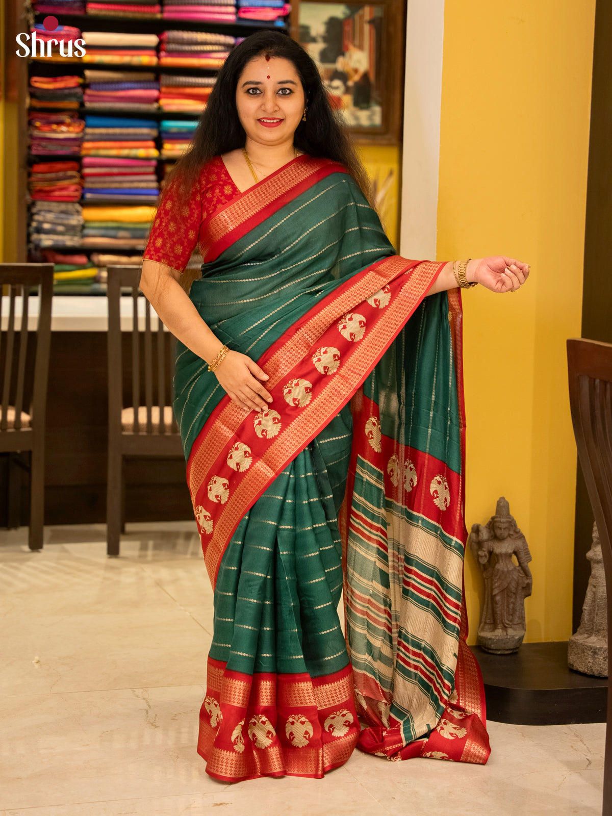 Green & Red- Semi Mysoresilk Saree