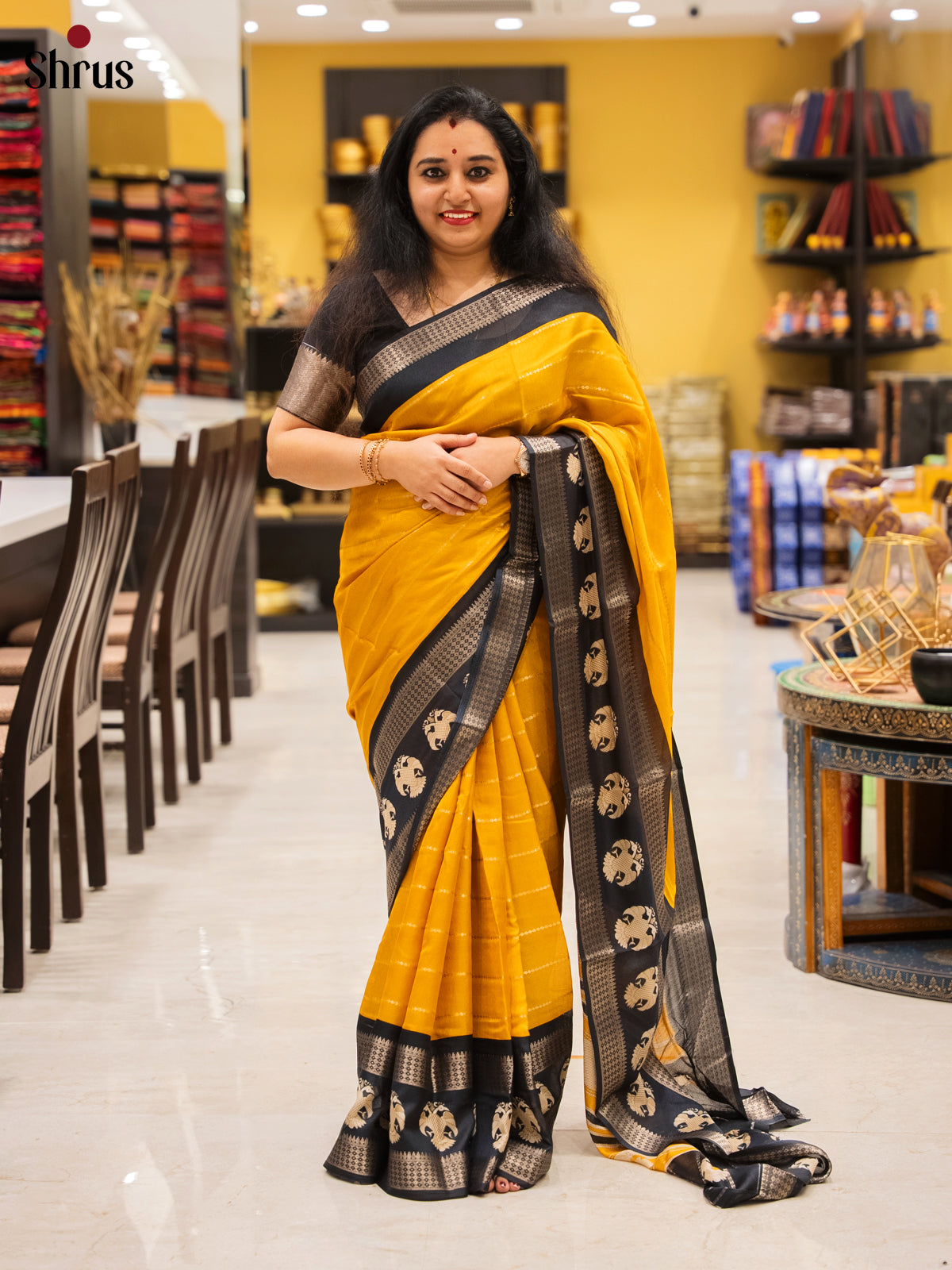 Yellow & Black- Semi Mysoresilk Saree