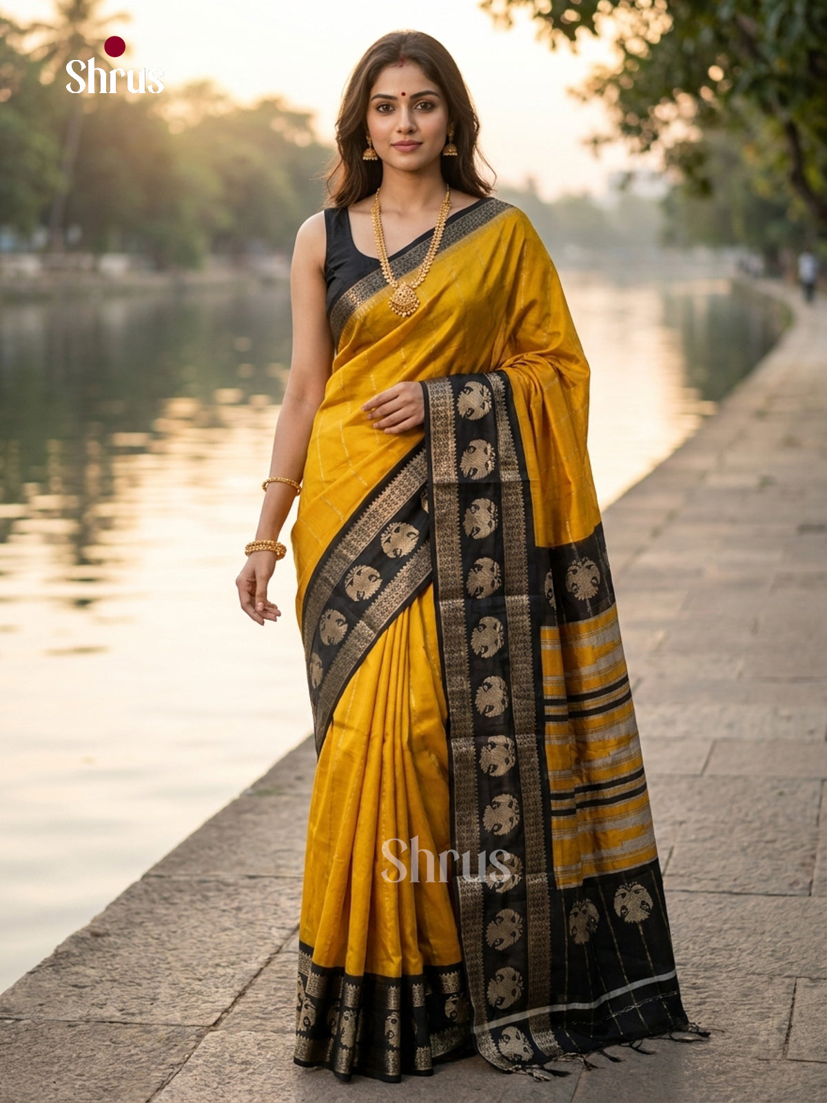 Yellow & Black- Semi Mysoresilk Saree