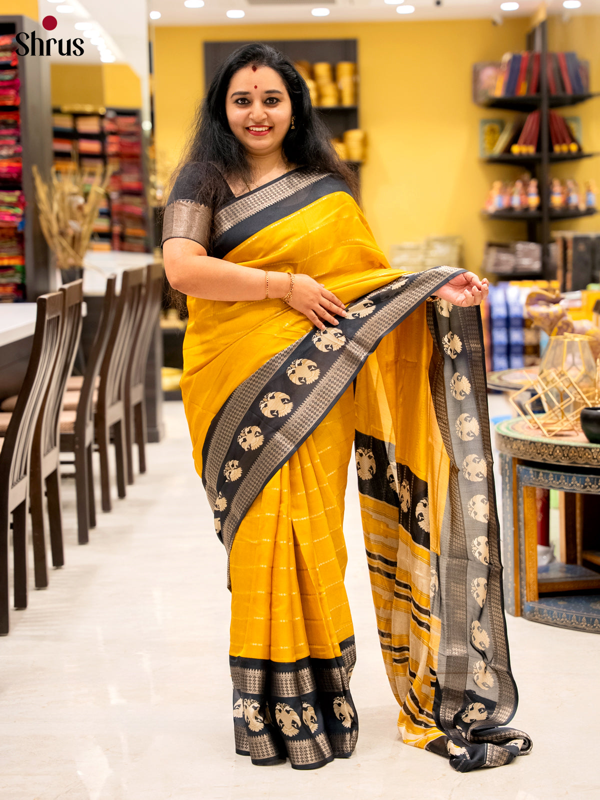 Yellow & Black- Semi Mysoresilk Saree