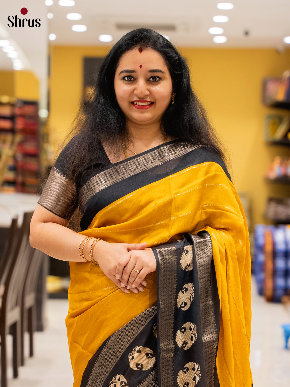 Yellow & Black- Semi Mysoresilk Saree