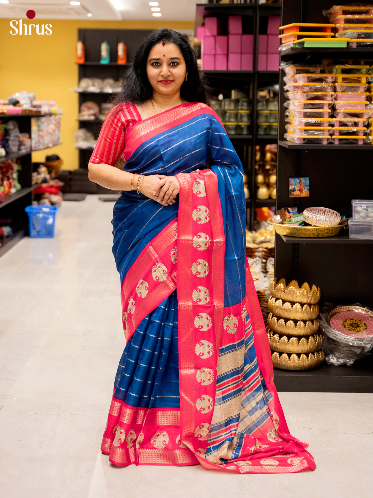 Blue & Pink- Semi Mysoresilk Saree