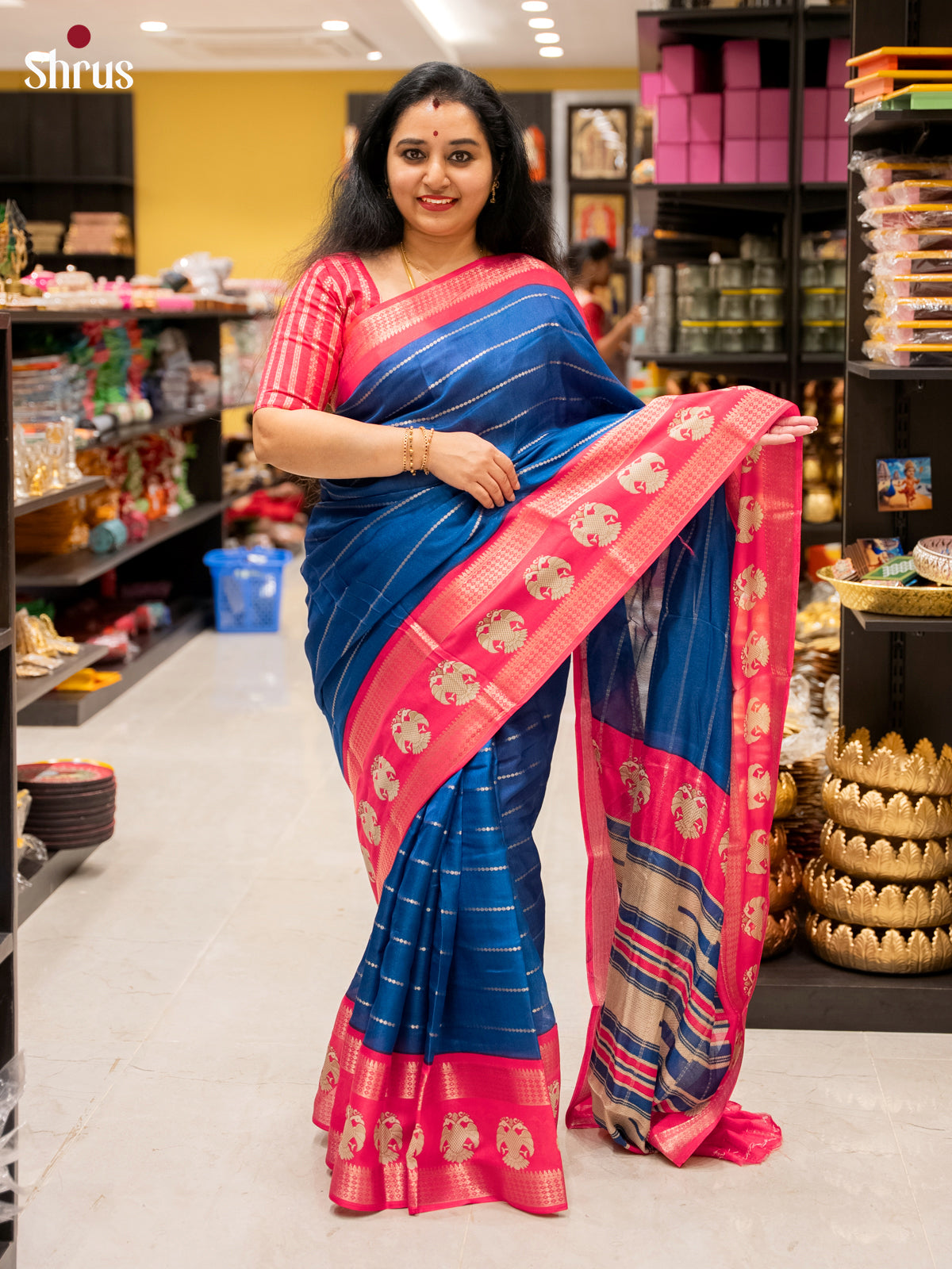 Blue & Pink- Semi Mysoresilk Saree