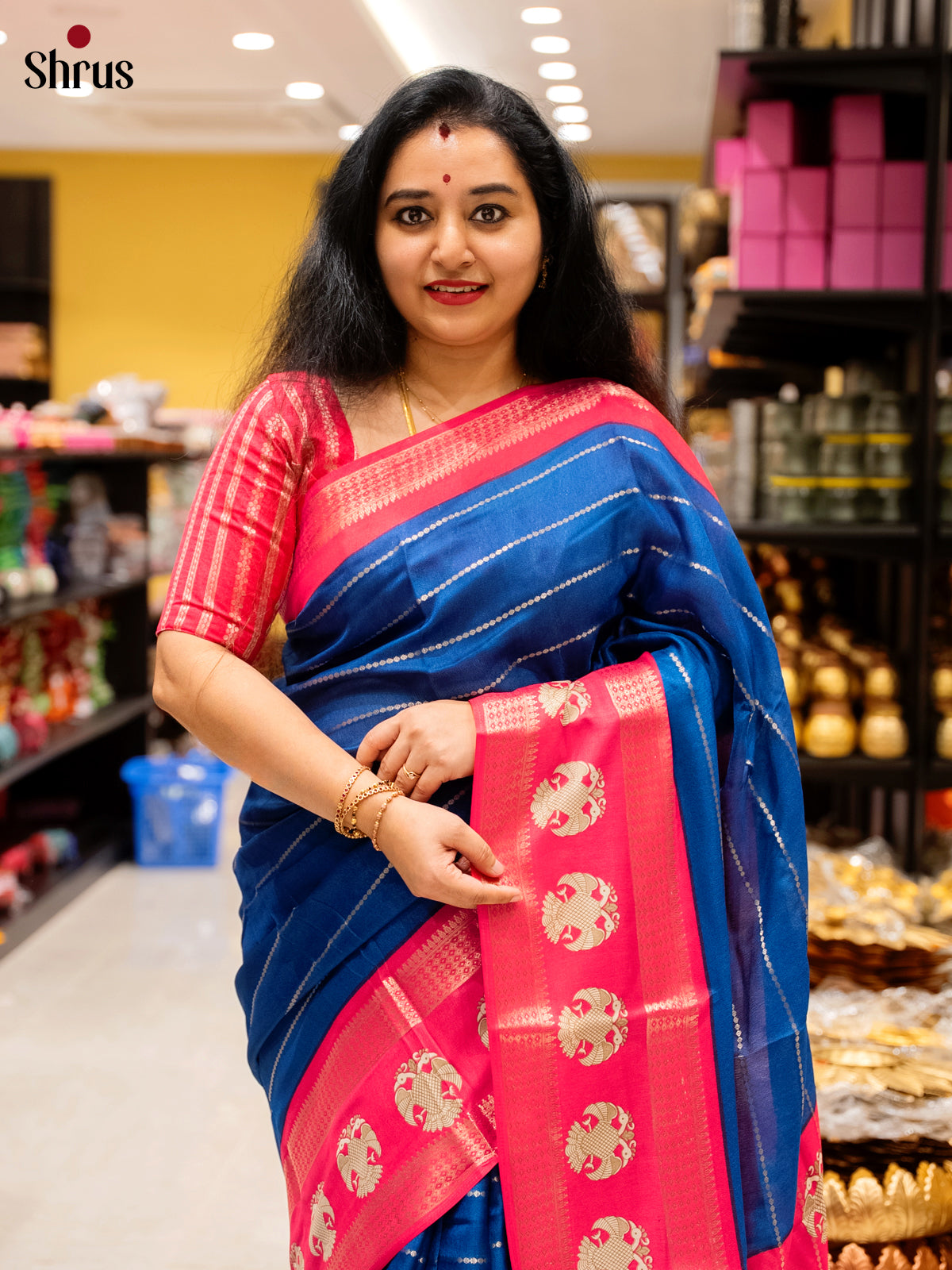 Blue & Pink- Semi Mysoresilk Saree