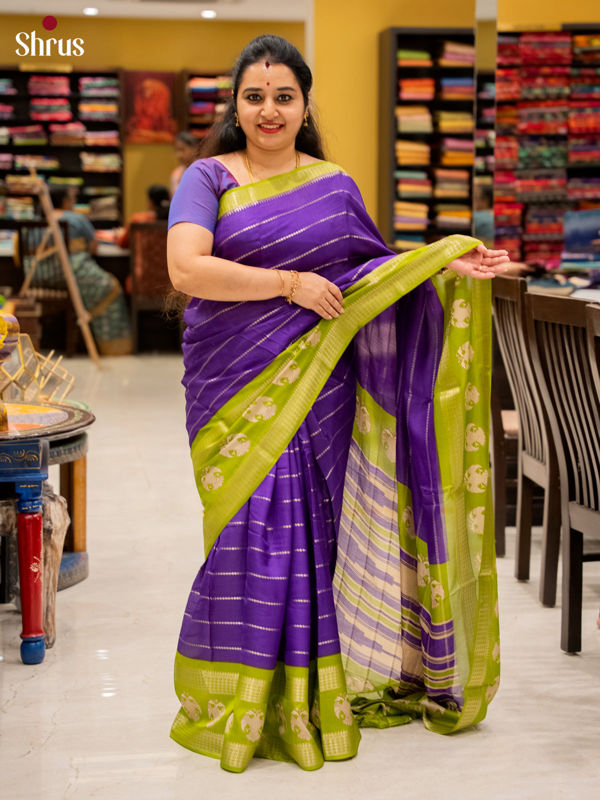 Purple & Green - Semi Mysoresilk Saree