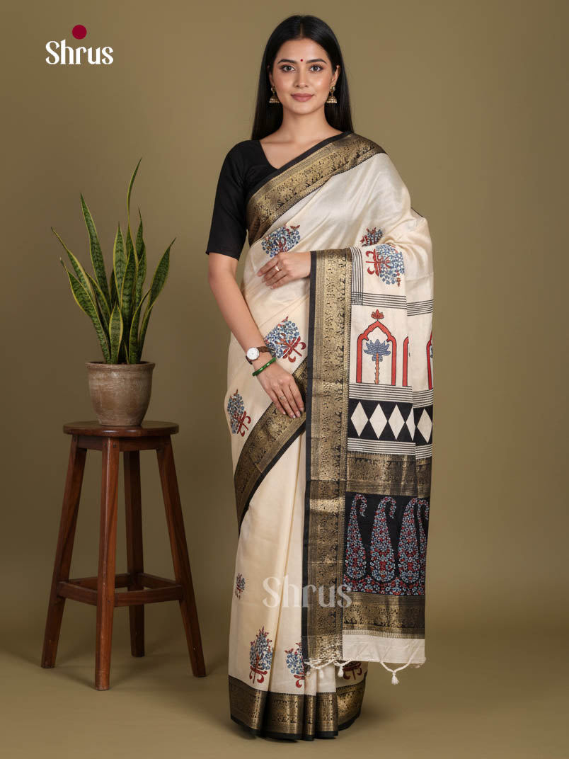 Cream & Black - Semi Modal Saree