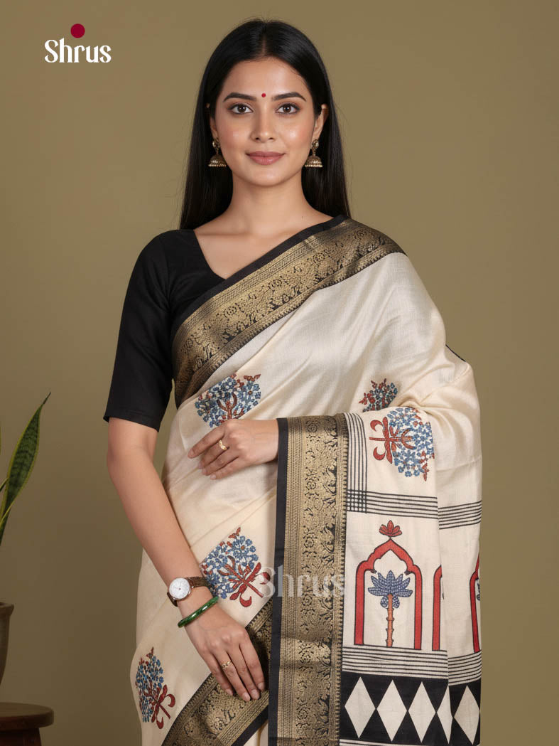 Cream & Black - Semi Modal Saree