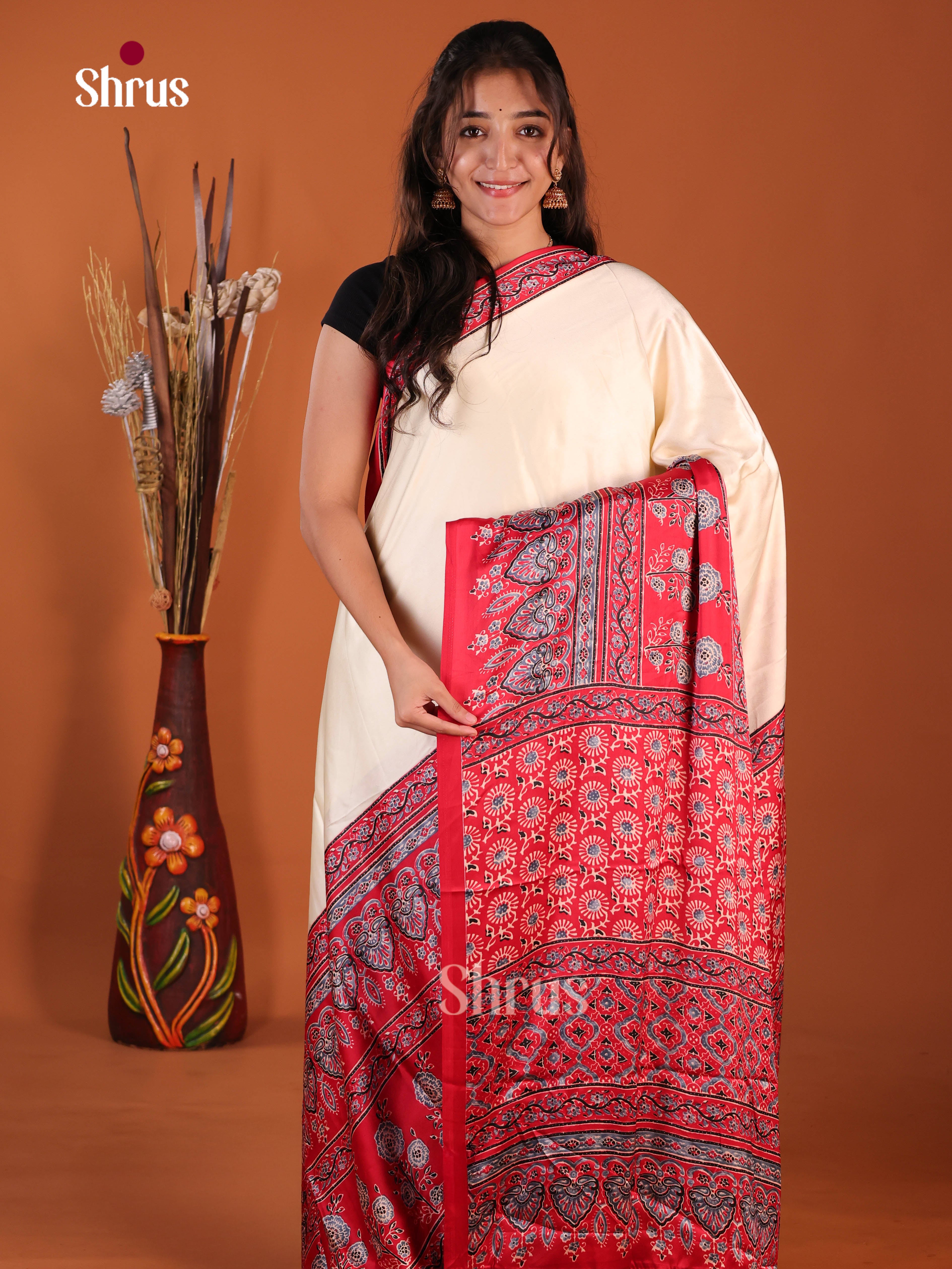 Cream & Red- Semi Modal Saree