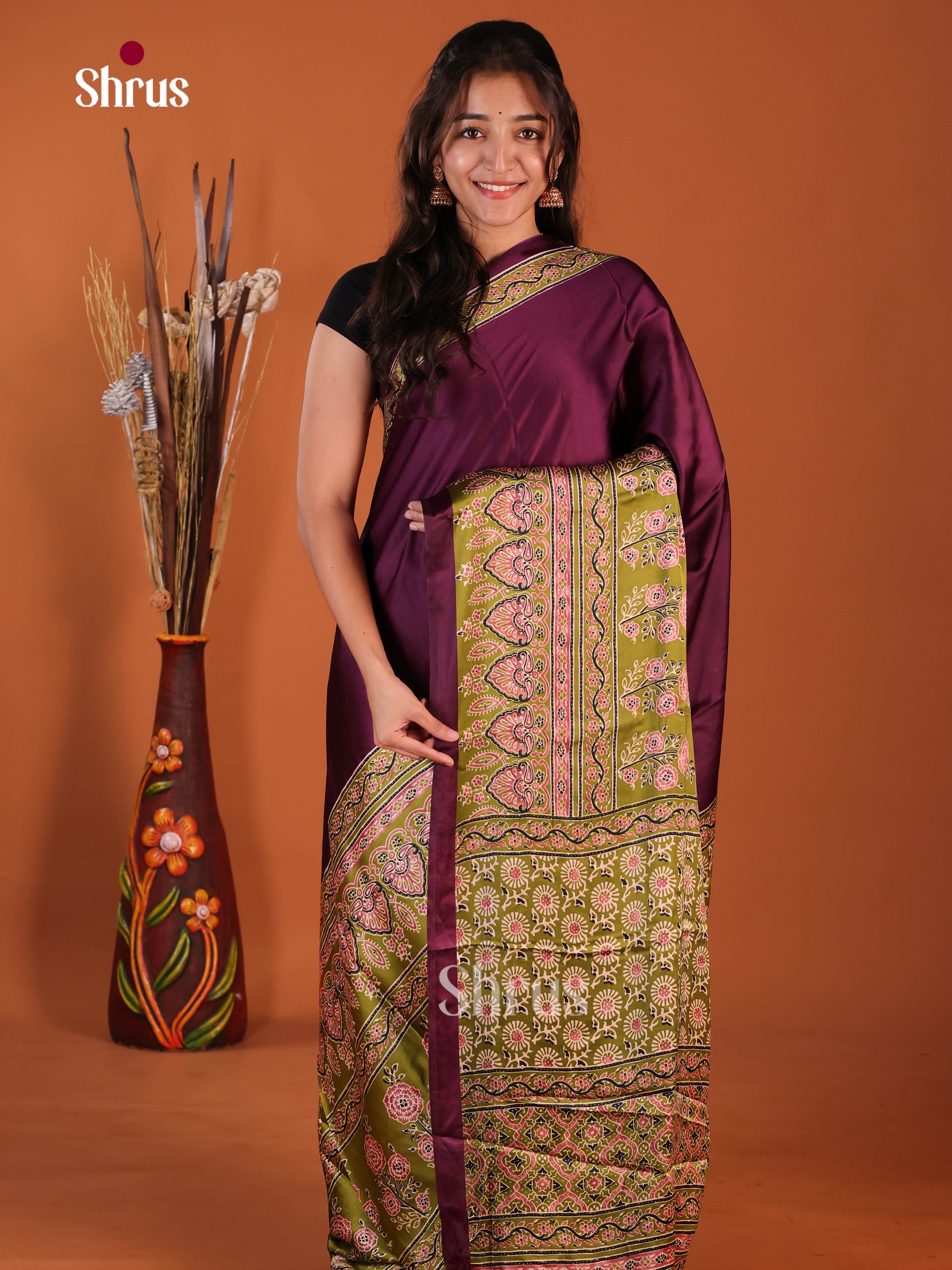 Wine & Green - Semi Modal Saree