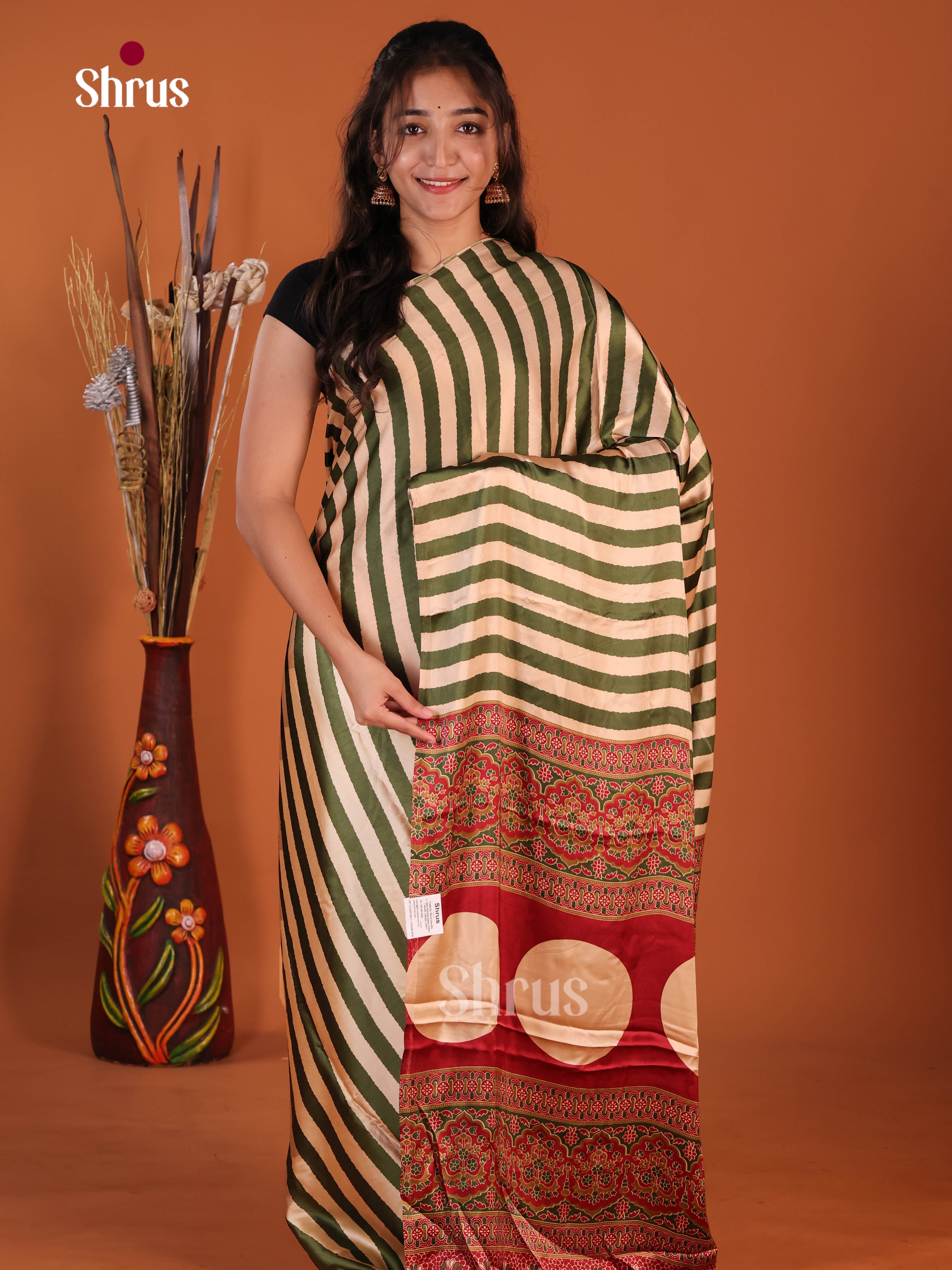 Cream & Green - Semi Modal Saree