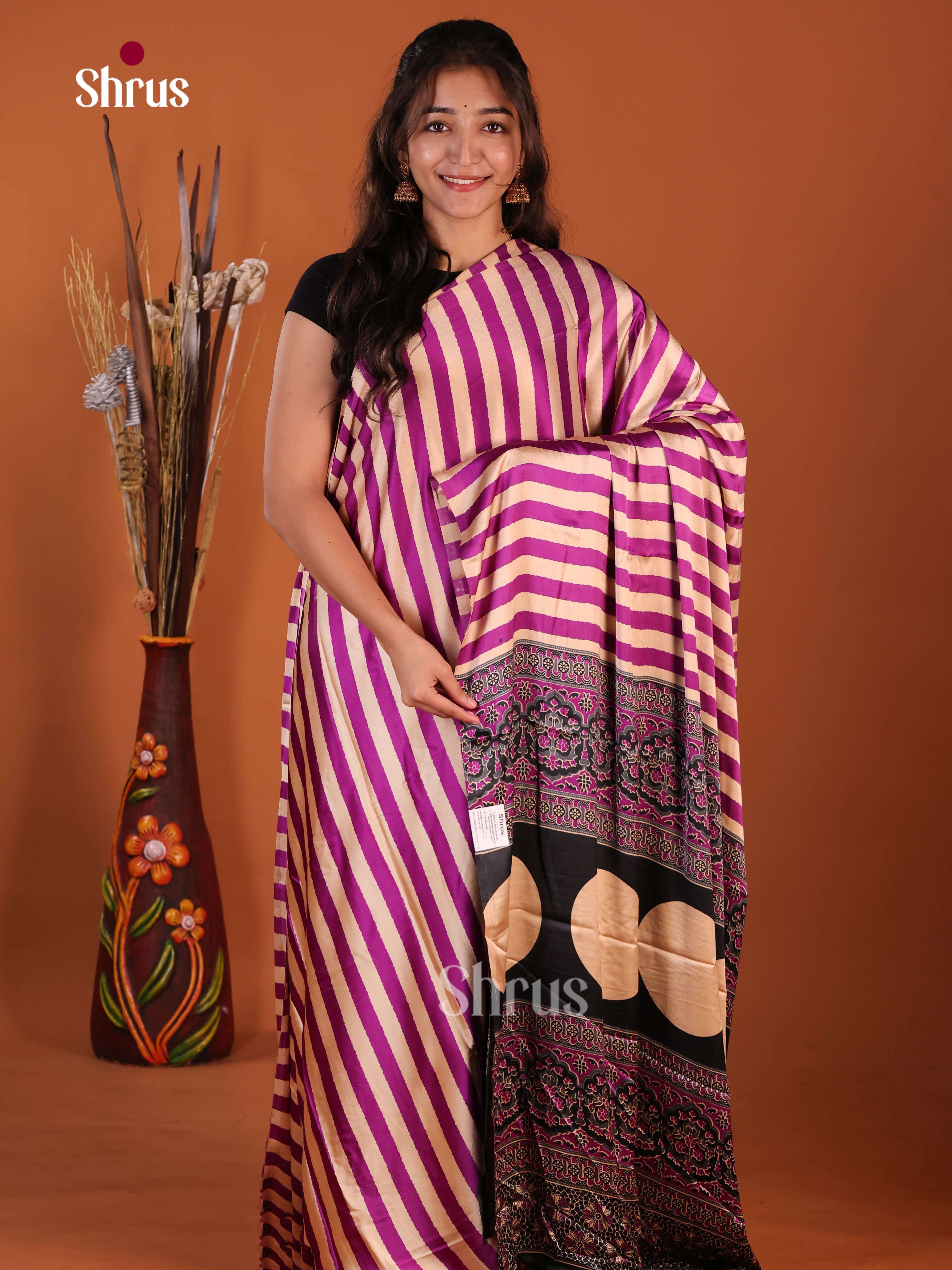 Cream & Purple - Semi Modal Saree