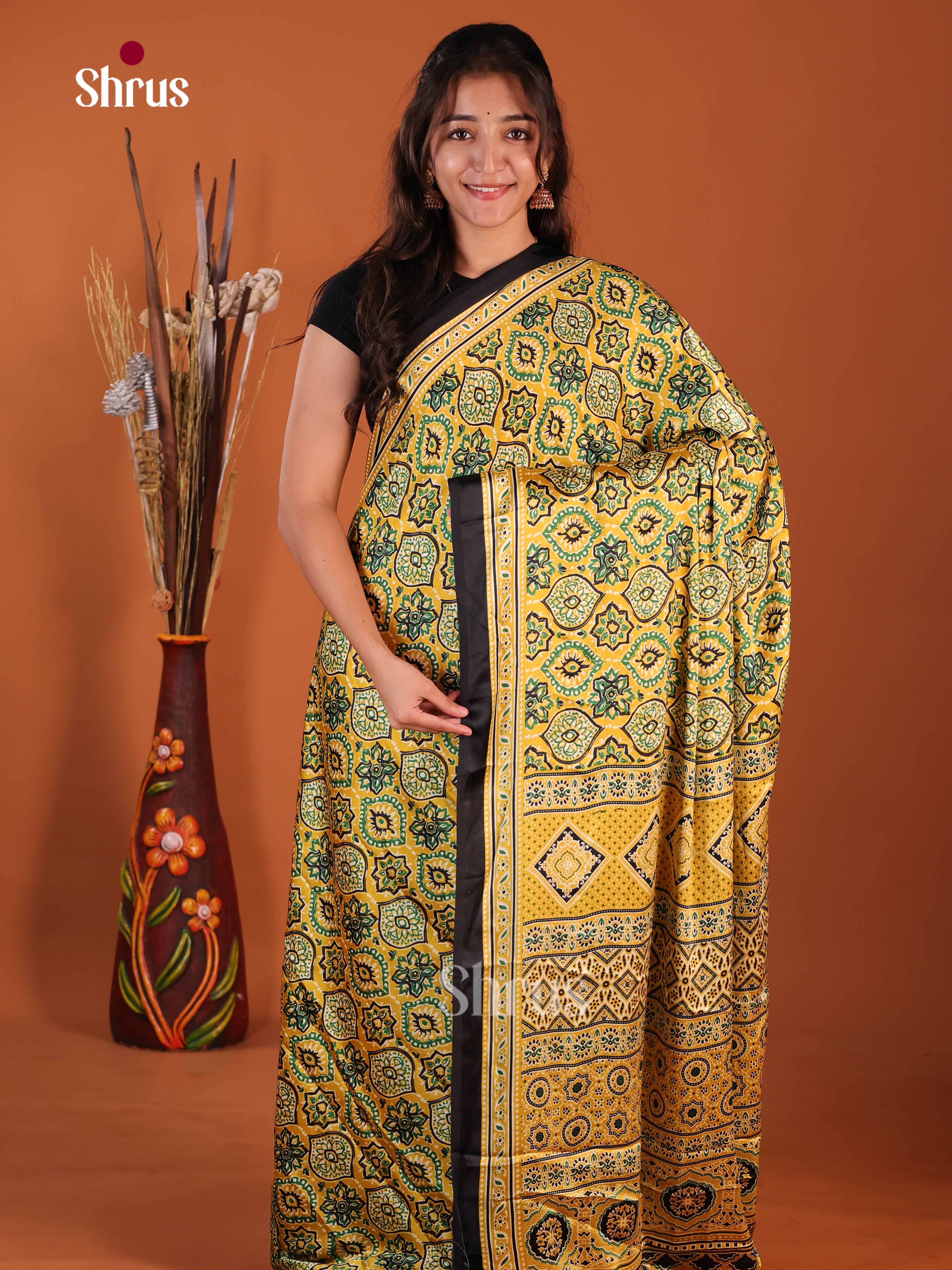 Yellow & Black - Semi Modal Saree