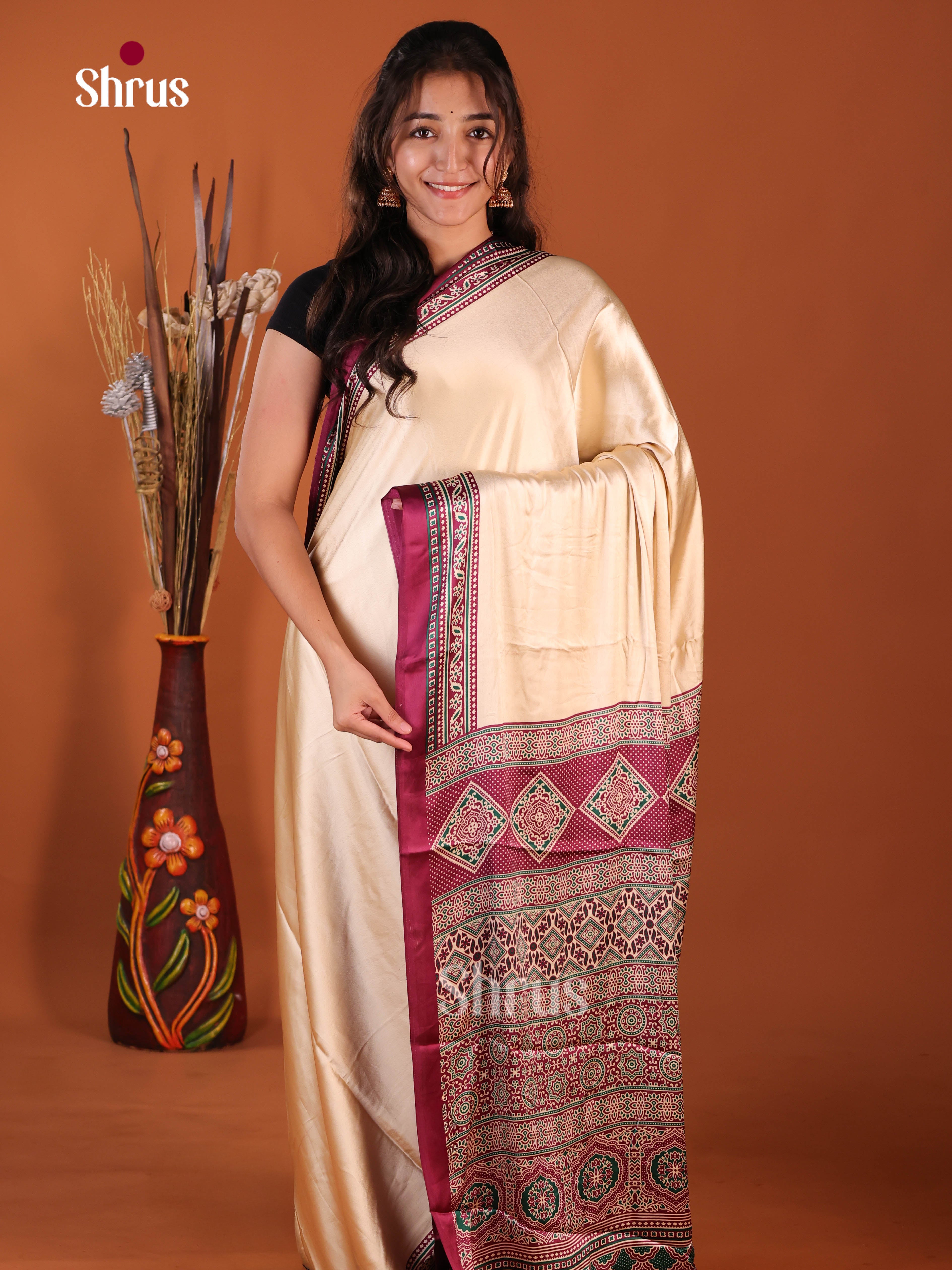 Cream & Maroon - Semi Modal Saree