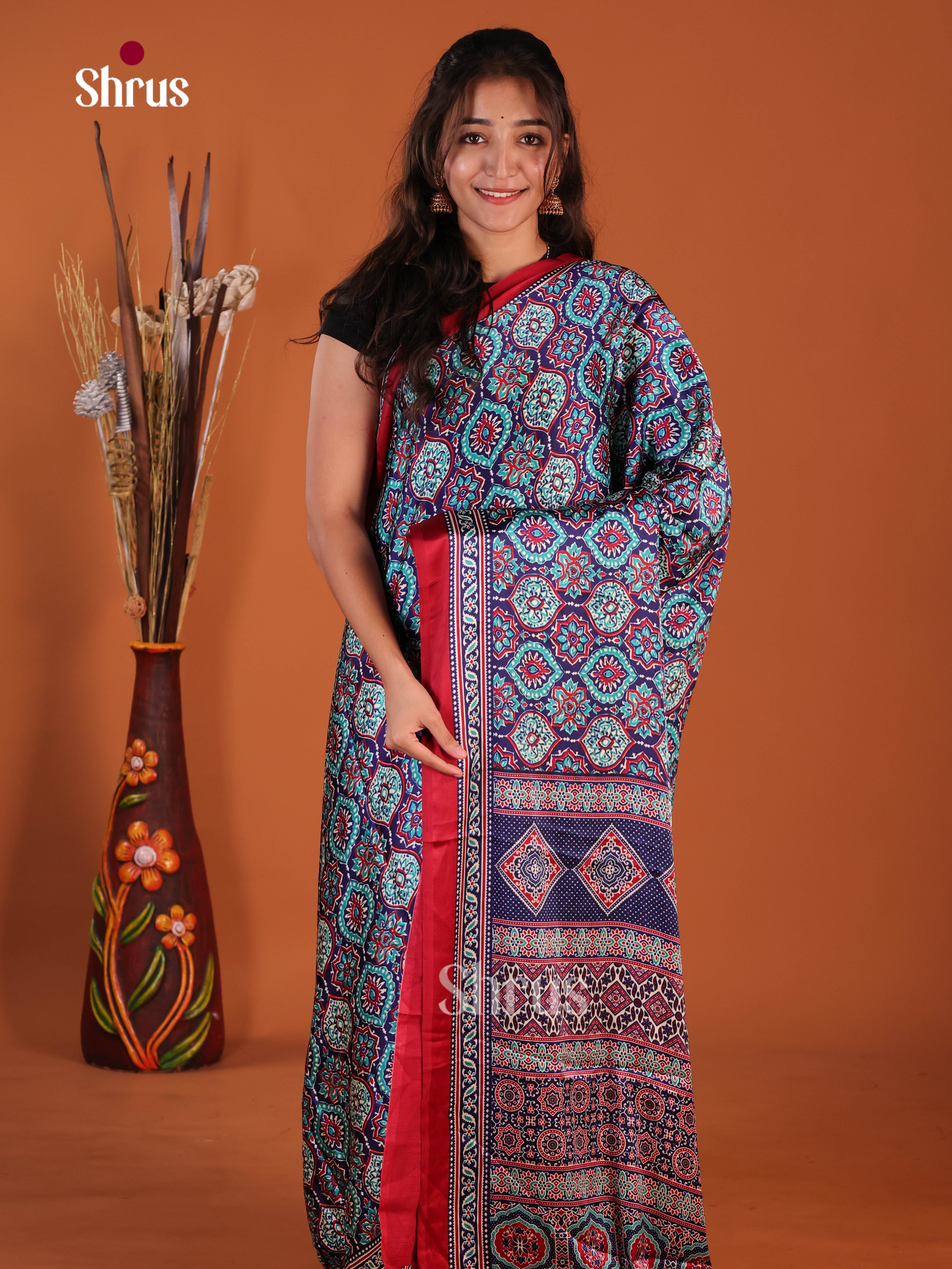 Blue & Red - Semi Modal Saree