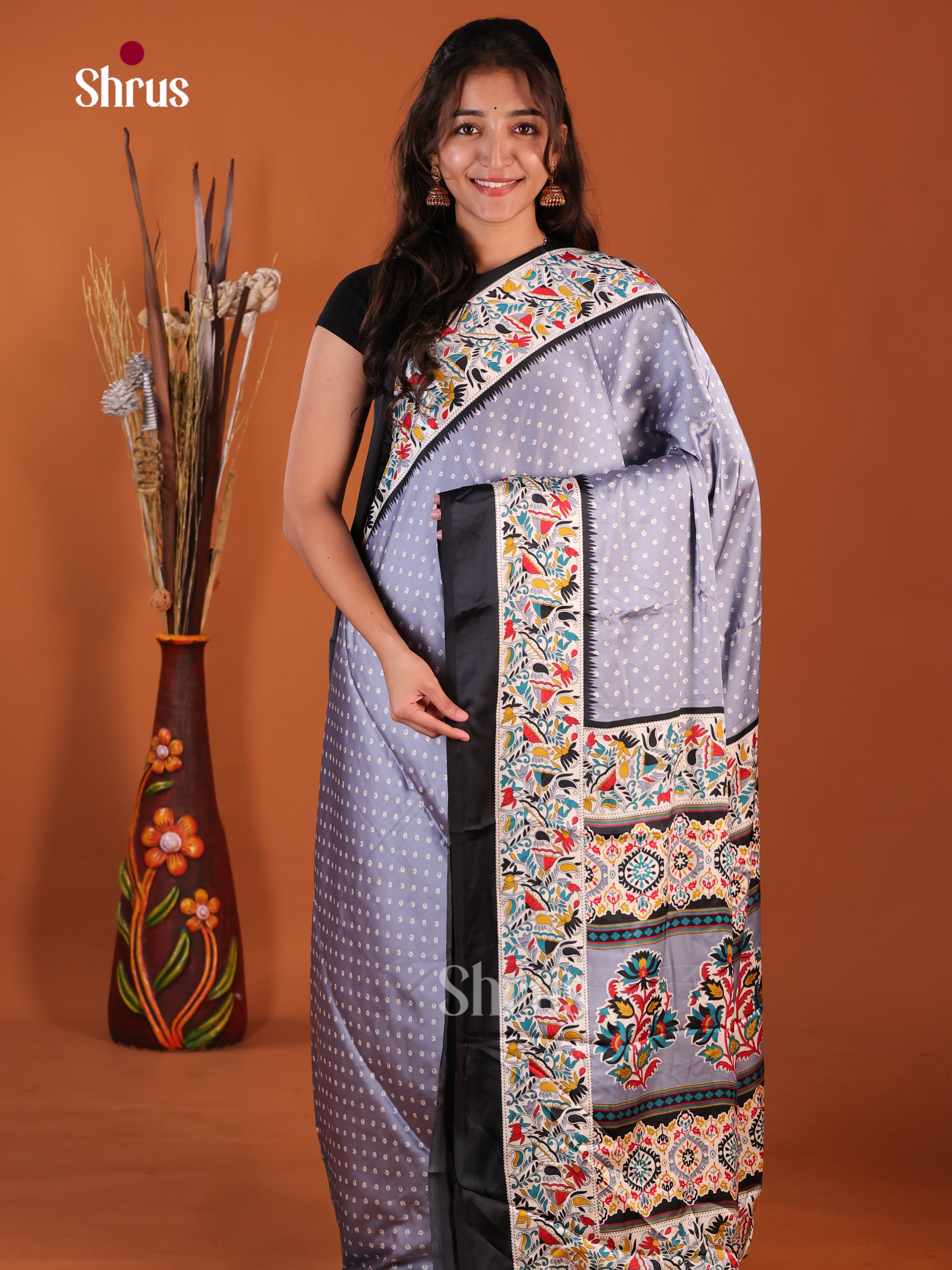 Grey & Black - Semi Modal Saree