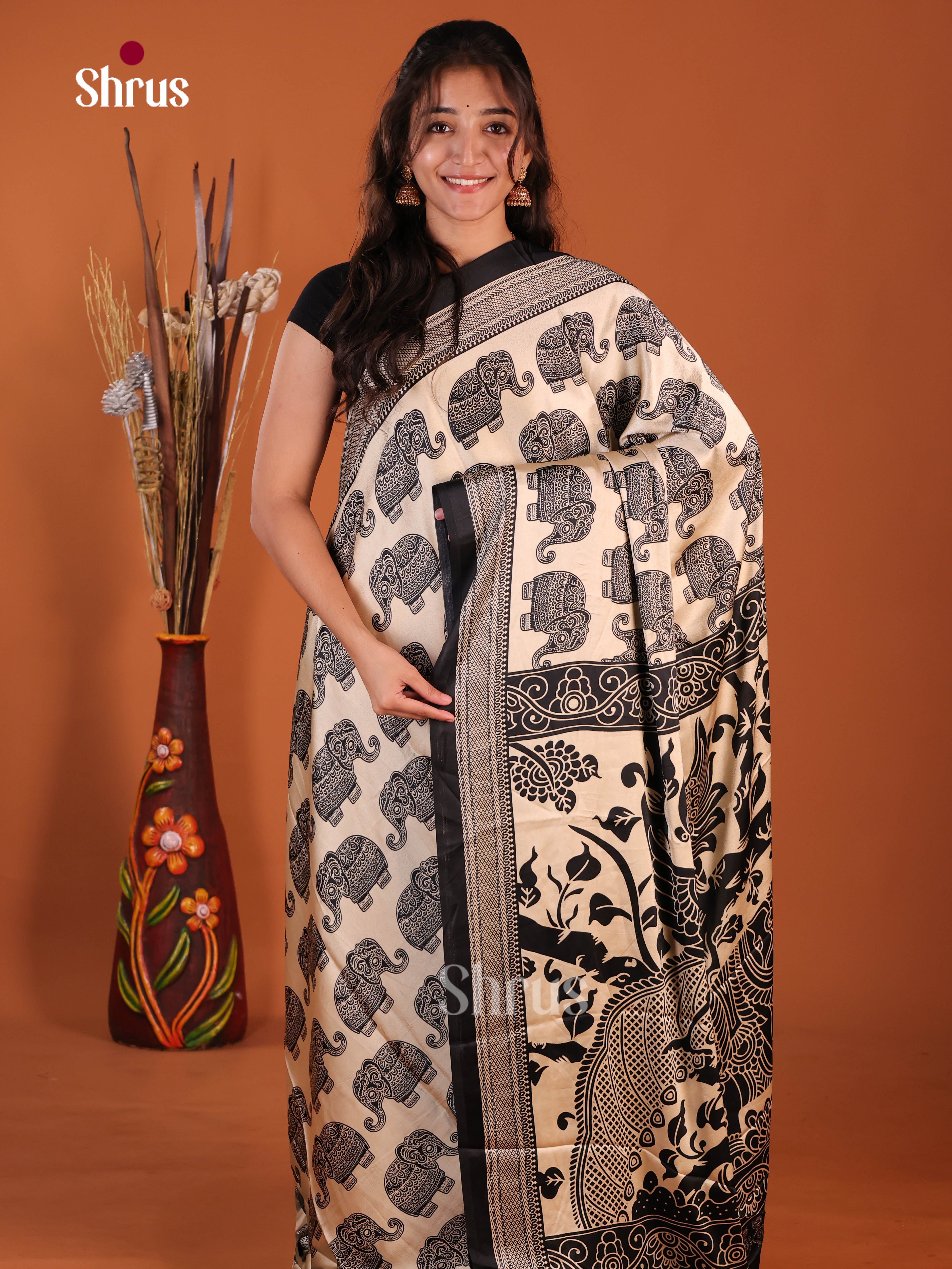 Cream & Black - Semi Modal Saree