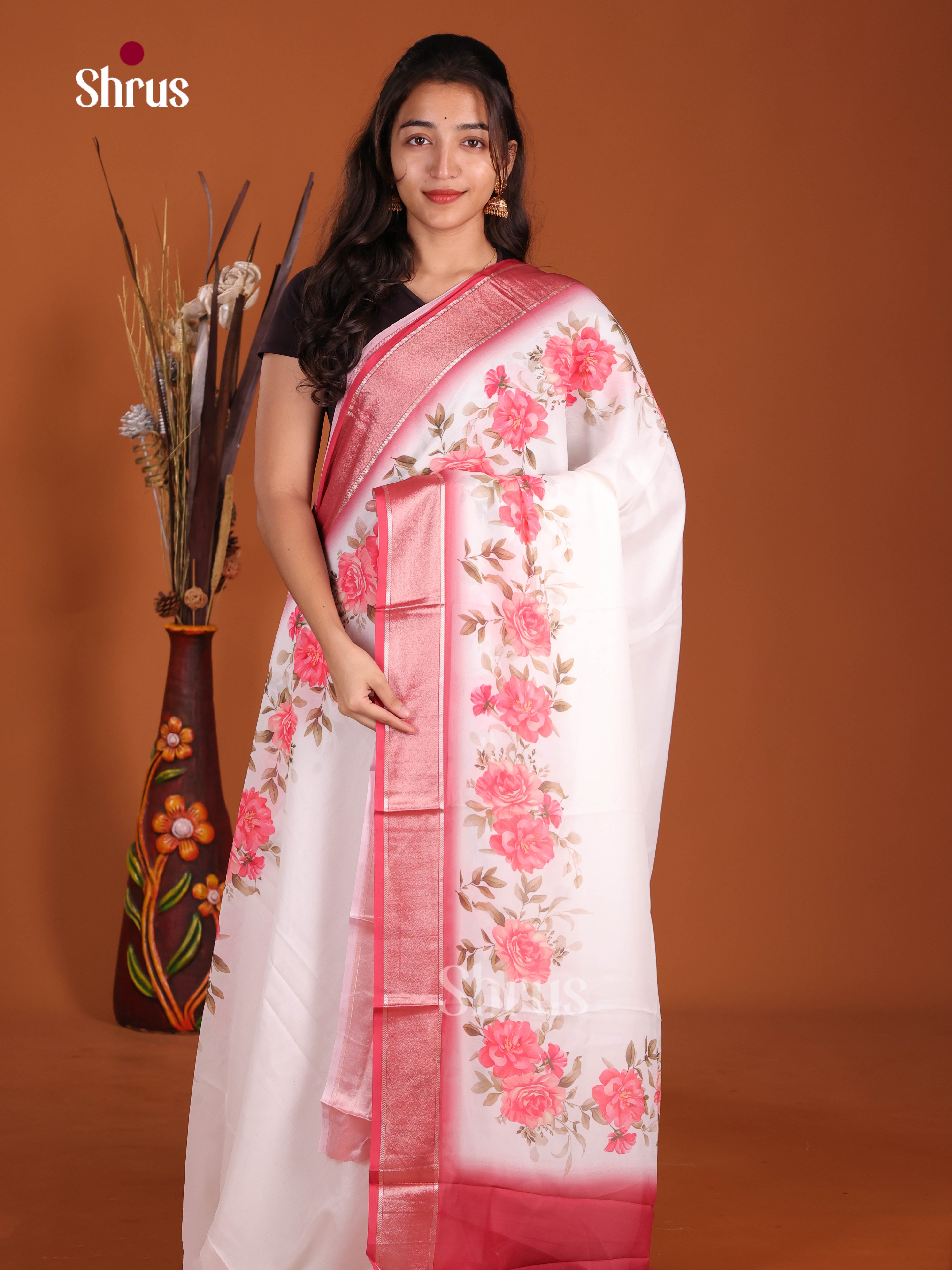 Cream & Red - Semi Georgette Saree