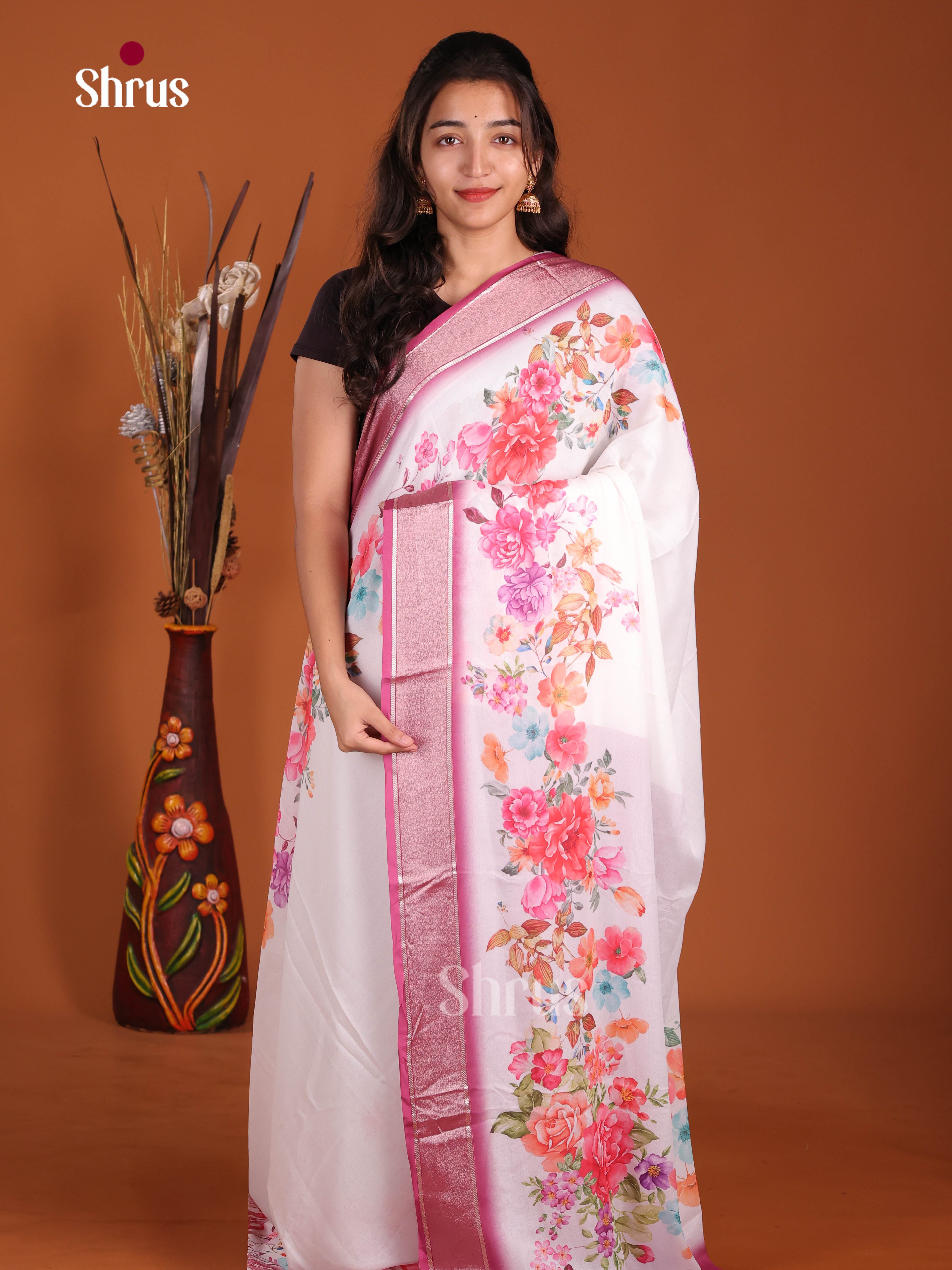 Cream & Maroon - Semi Georgette Saree