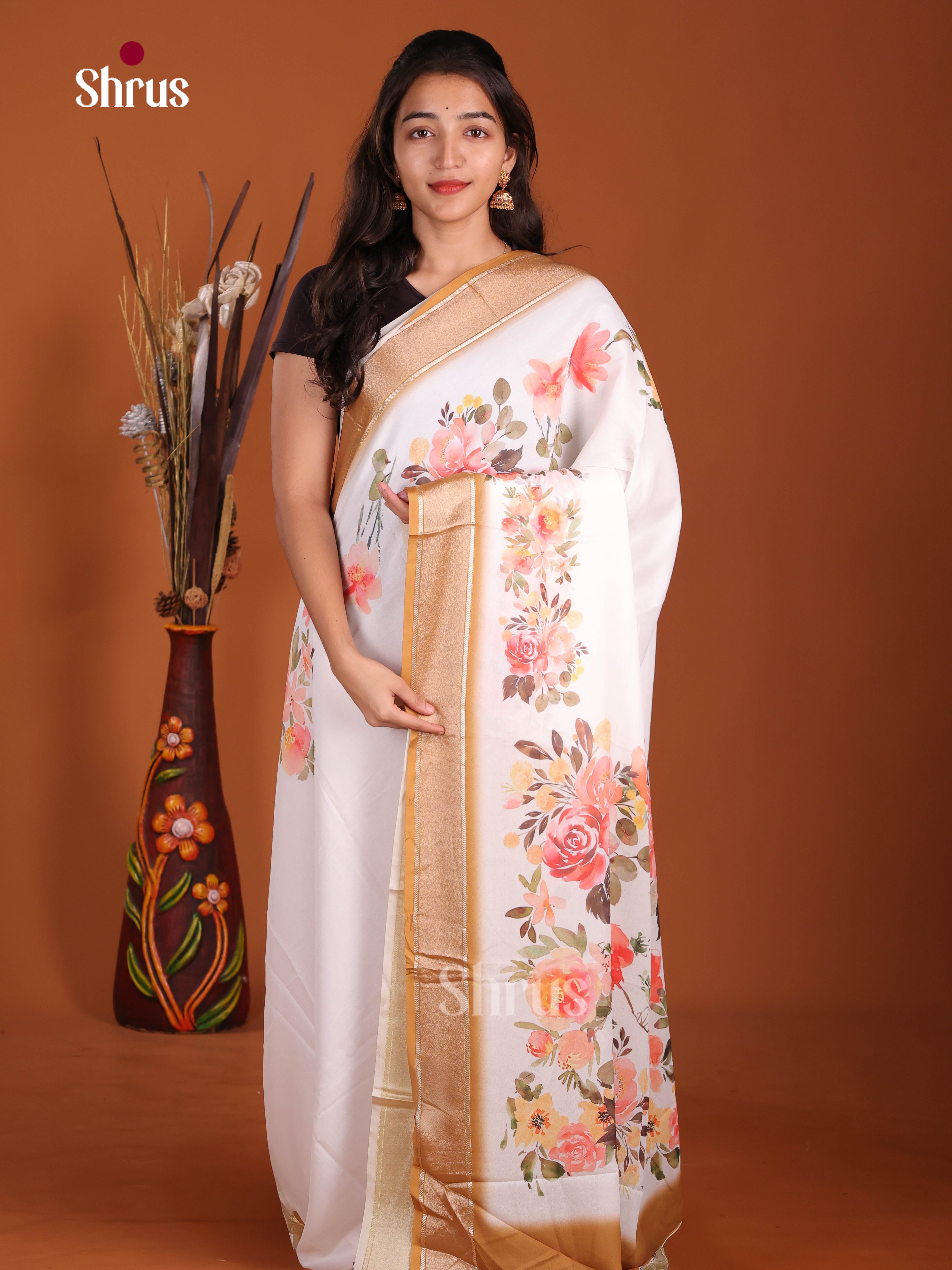 Cream & Mustard - Semi Georgette Saree