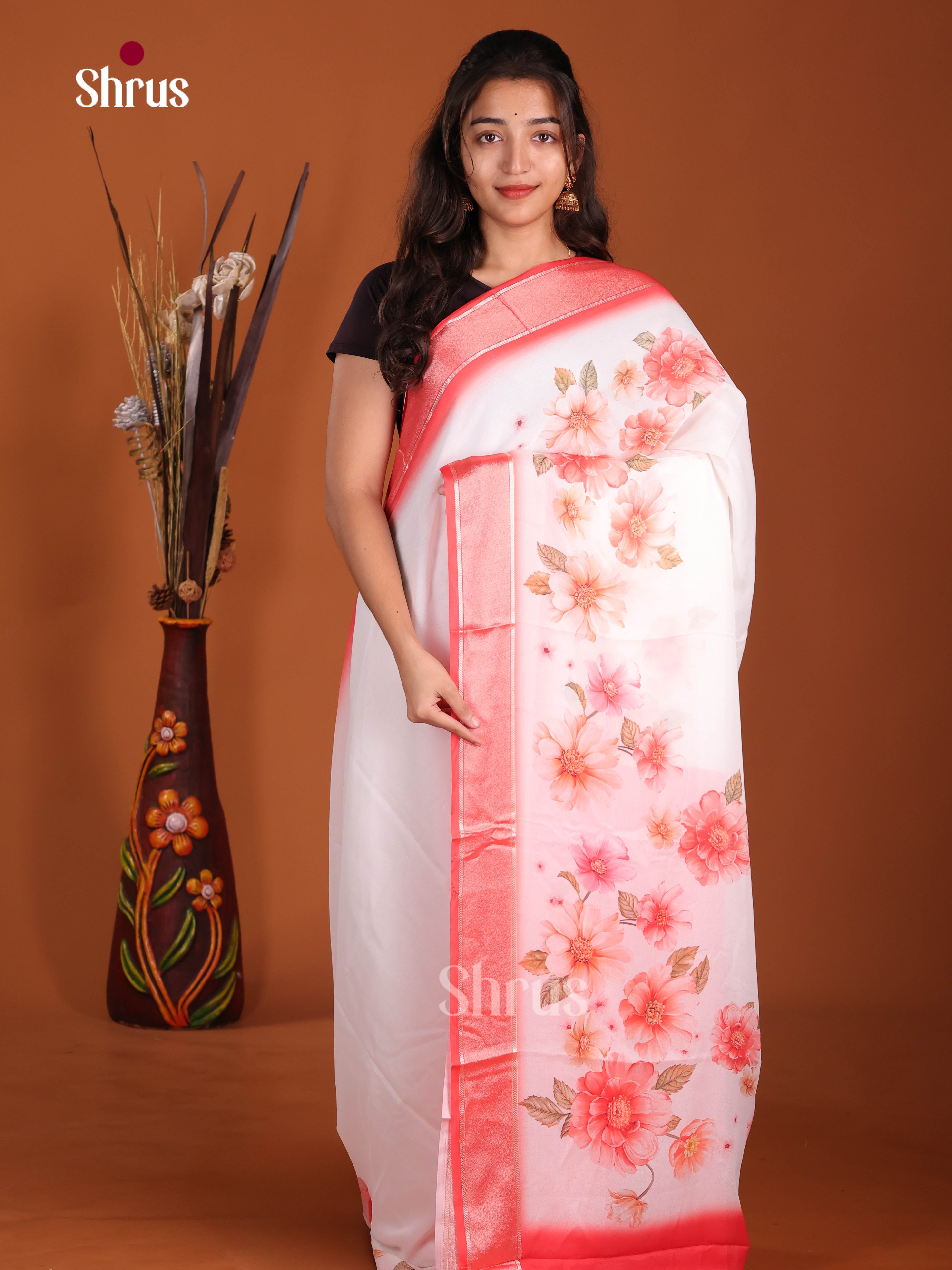 Cream & Red - Semi Georgette Saree