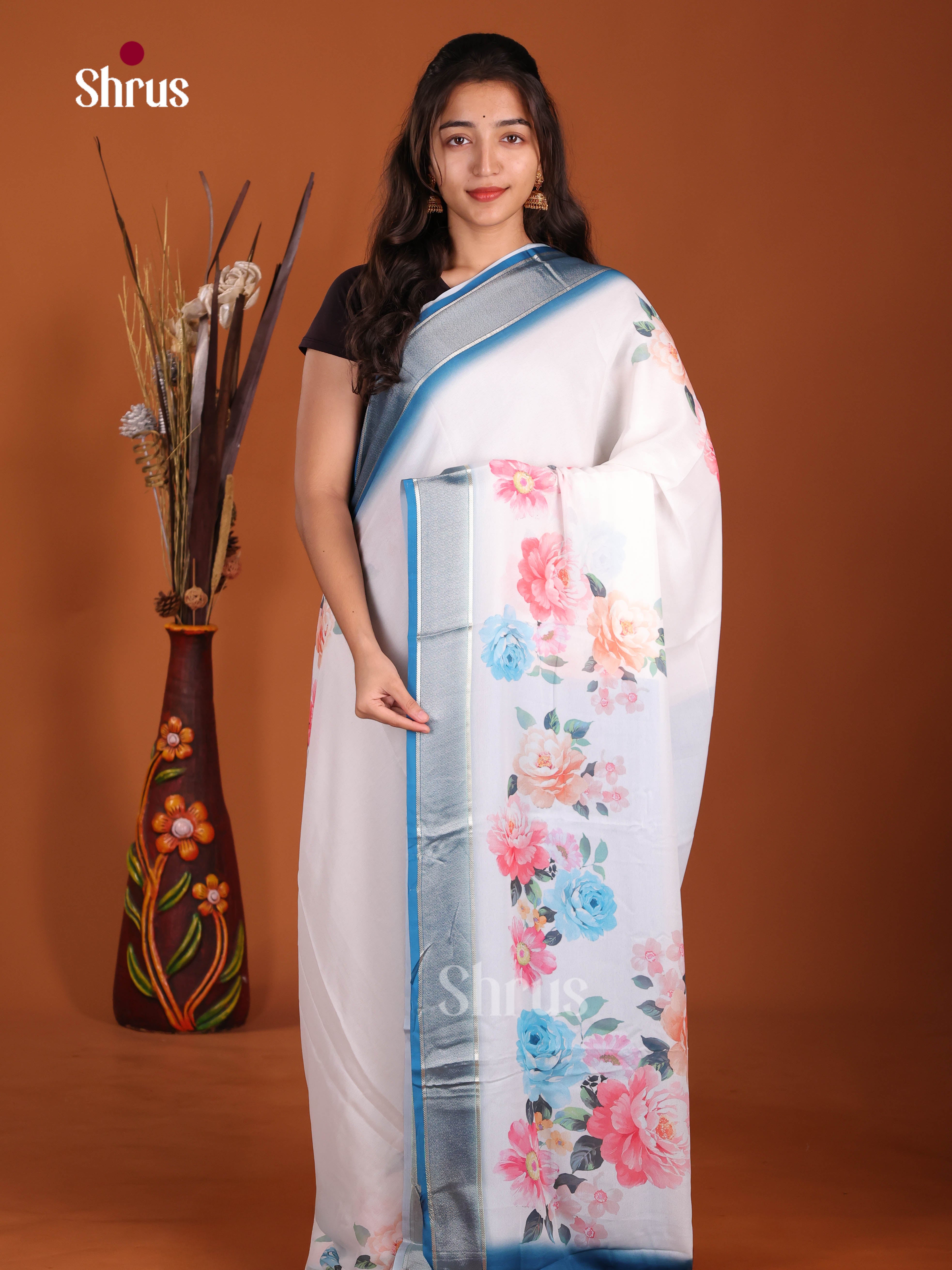 Cream & Blue - Semi Georgette Saree