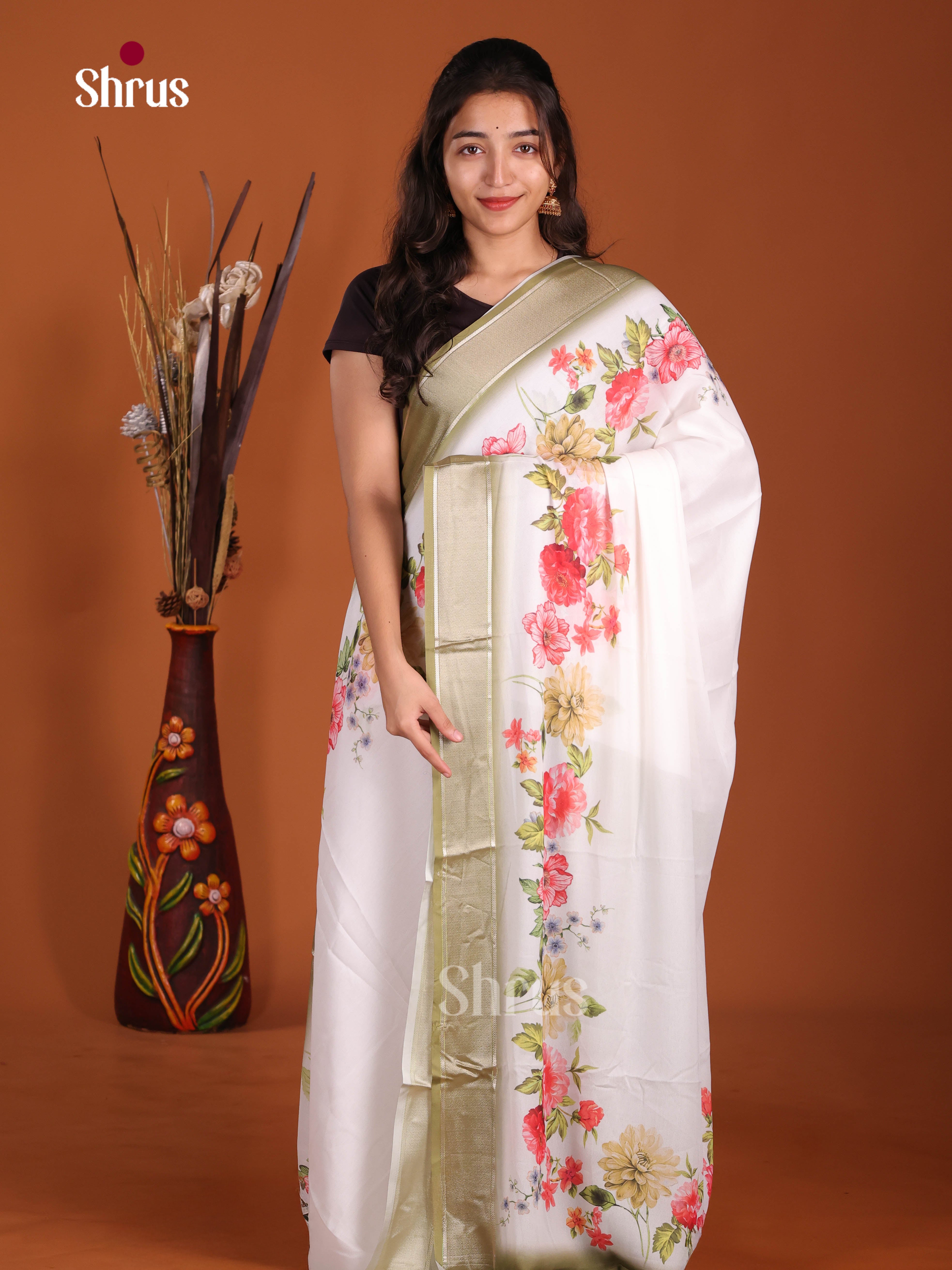 Cream & Mint Green - Semi Georgette Saree