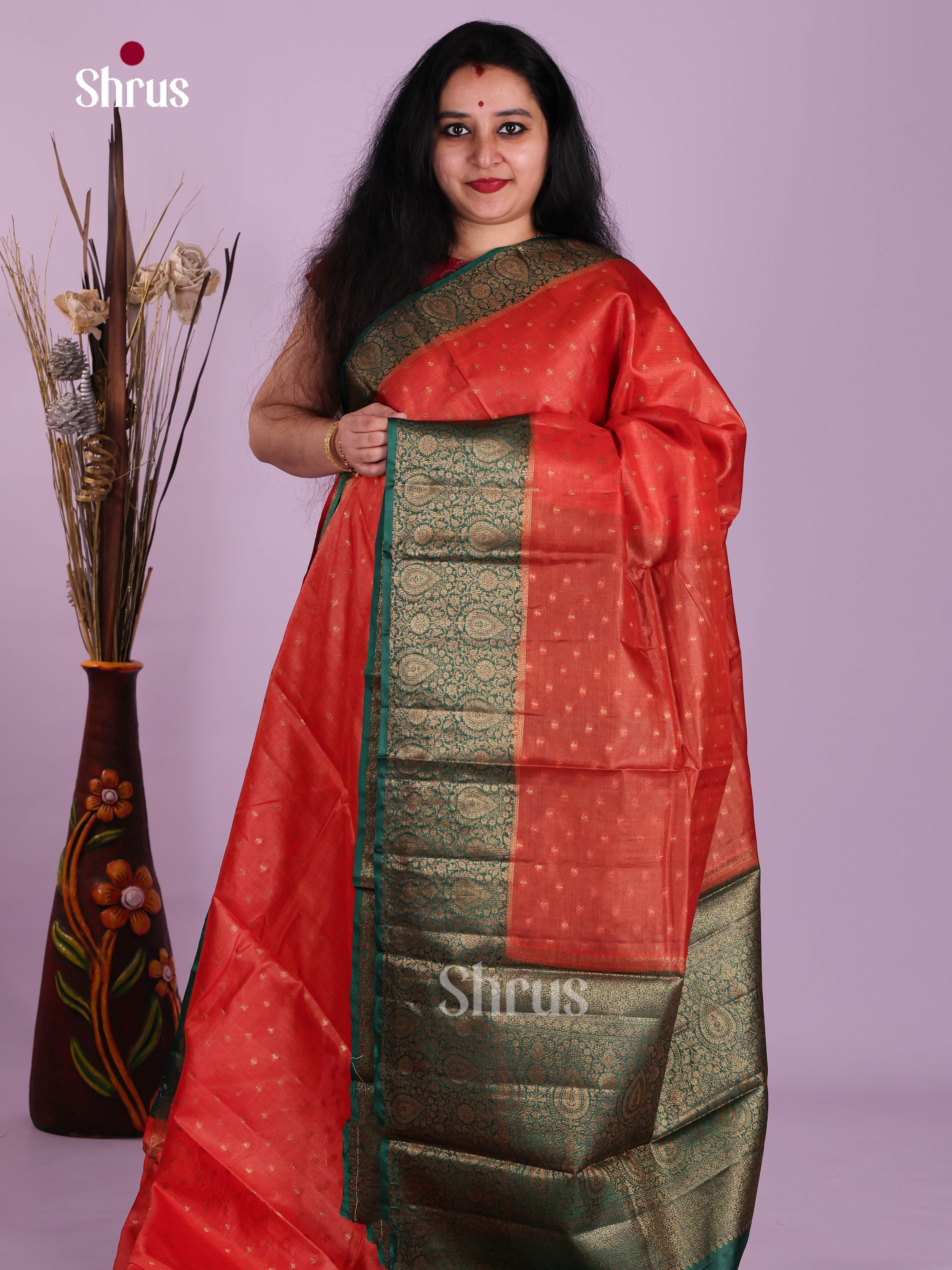 Timeless Red Tussar Saree With Zari Woven Buttas & Green Border - Shop on Shrus.com