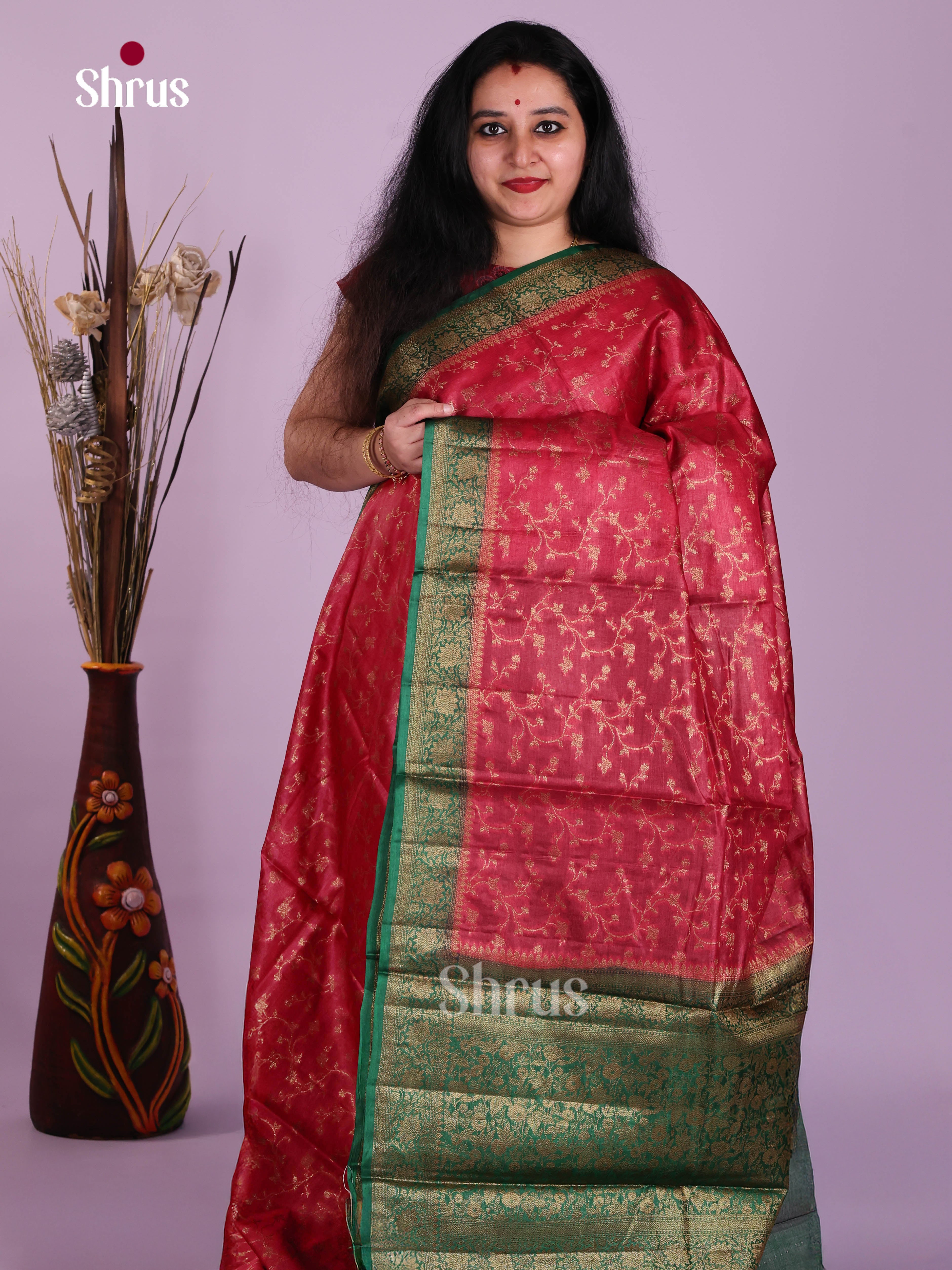Stunning Red Tussar Saree With Golden Floral Vines & Green Border