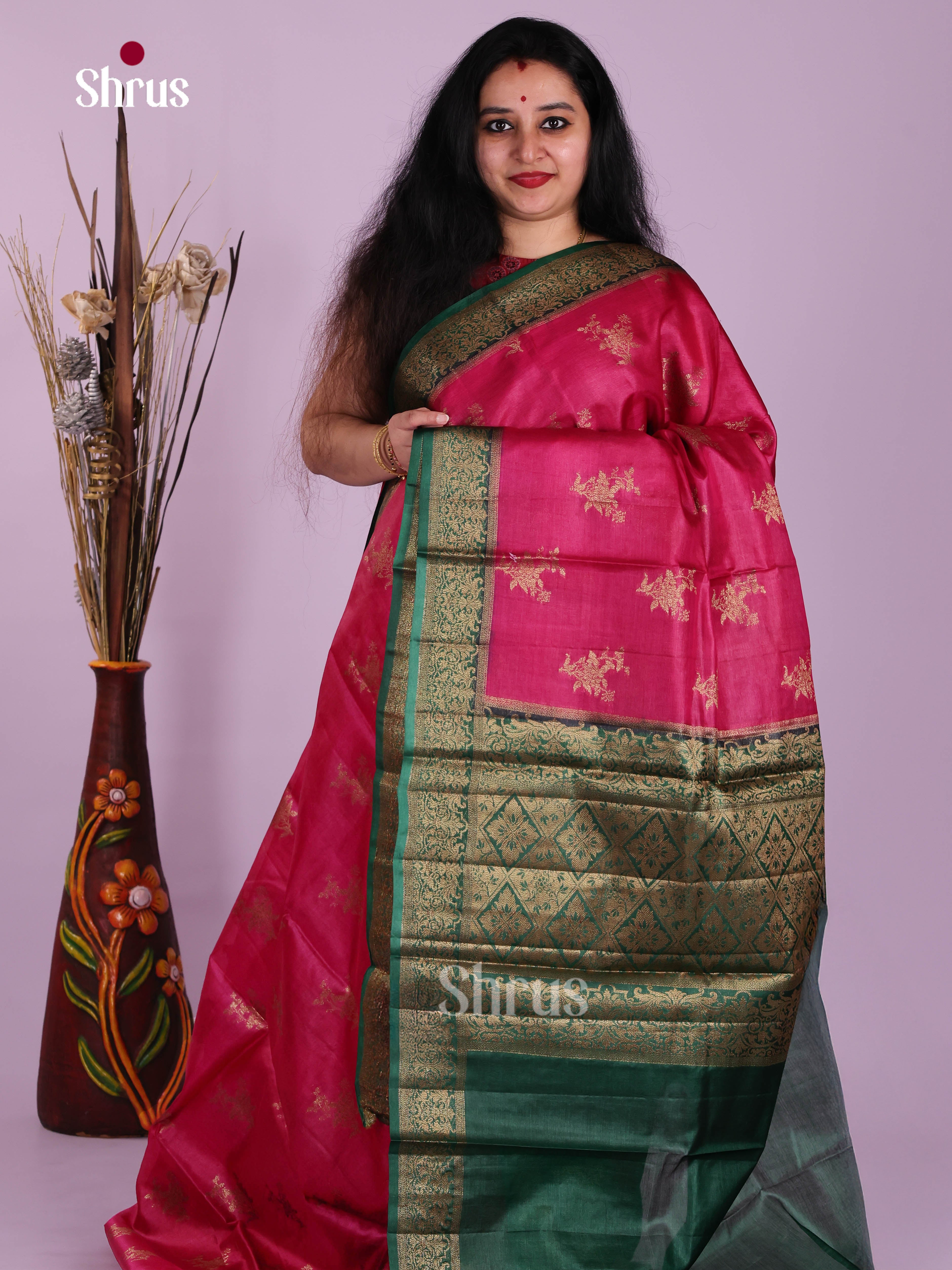 Radiant Pink Handloom Tussar Silk Saree With golden Motifs & Green Palu