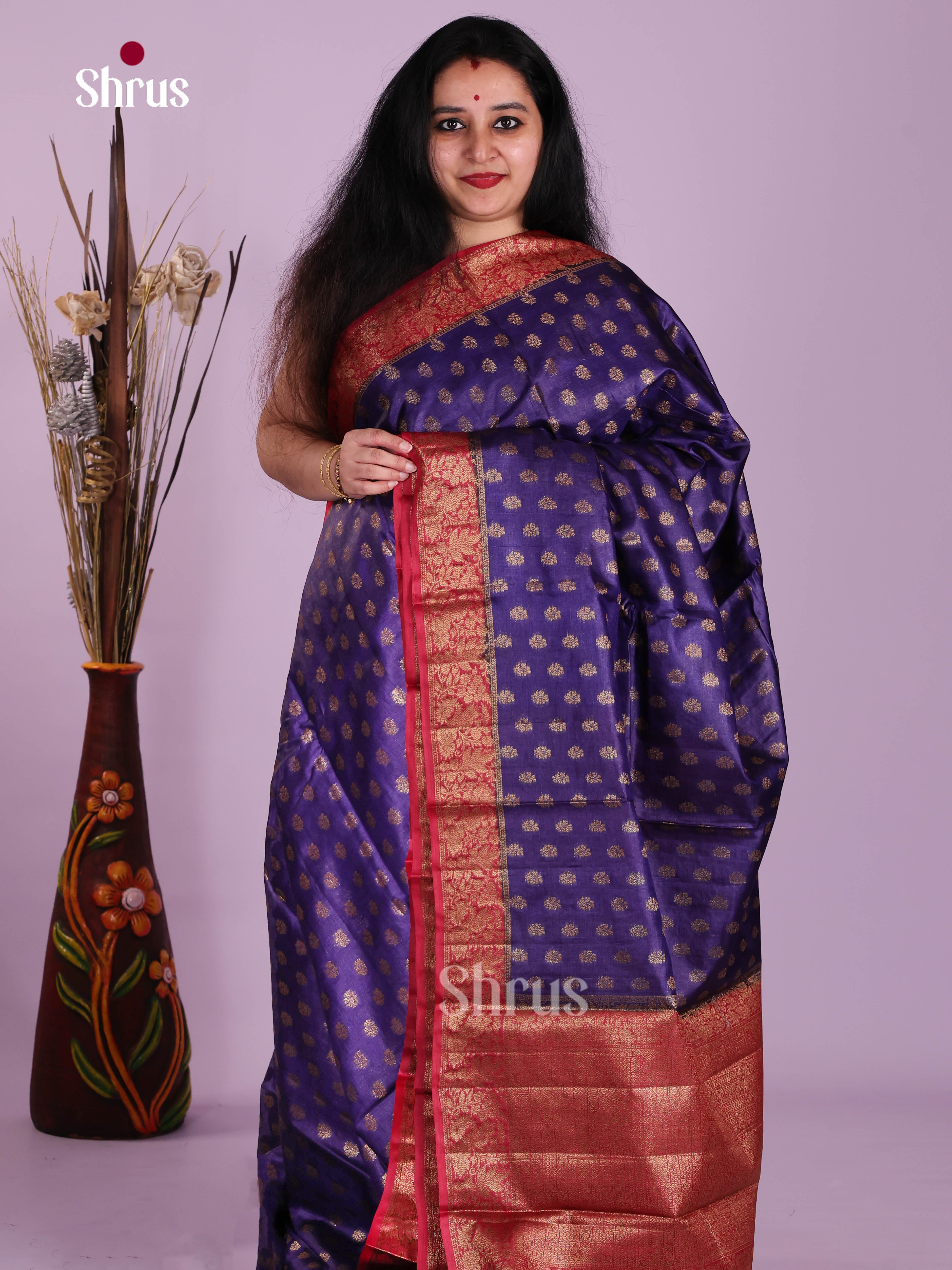 Magnificent Purple Handloom Tussar Silk Saree With Golden Buttis & Green Pallu
