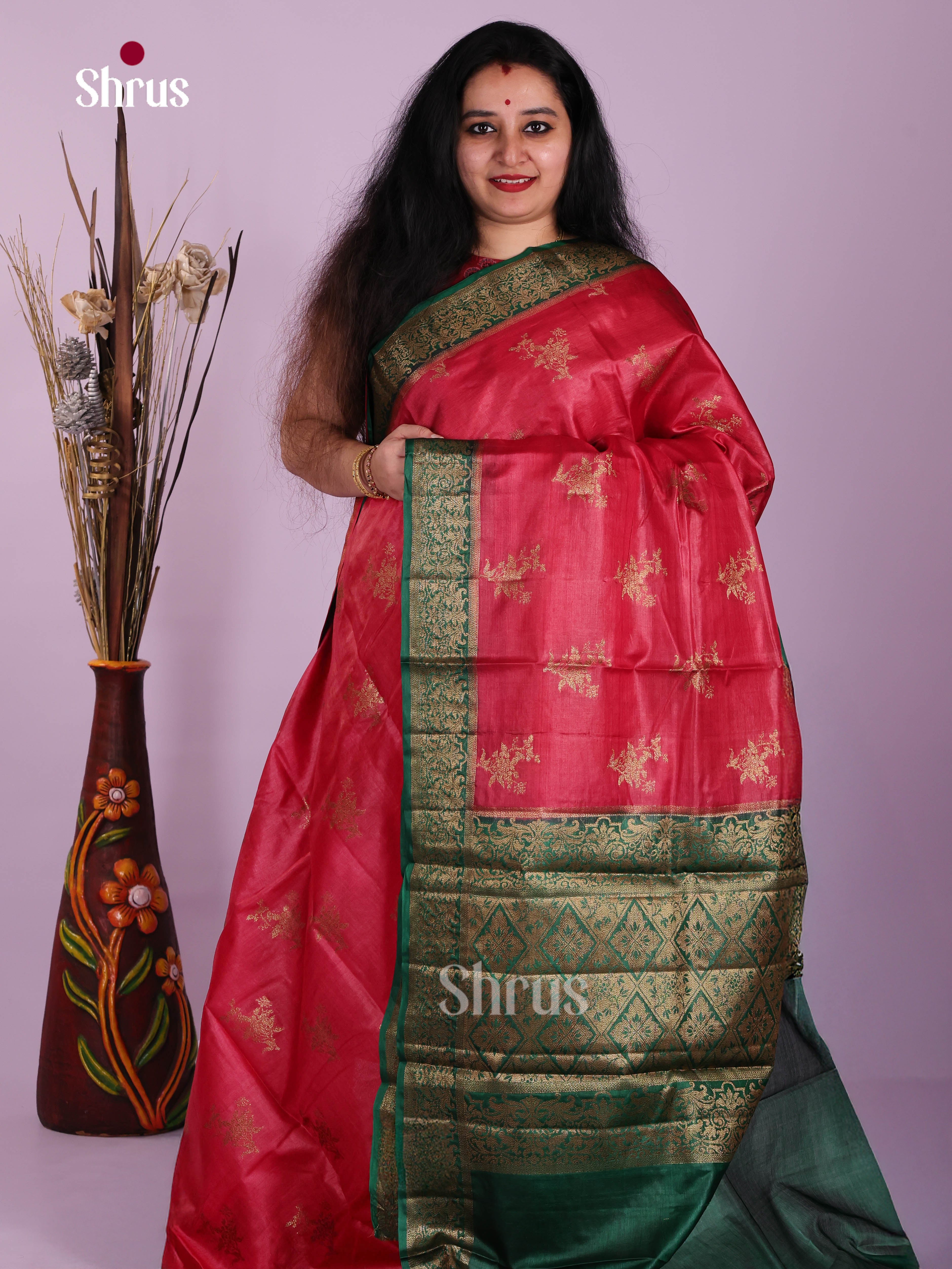 Captivating Red Handloom Tussar Silk Saree With Golden Motifs & Green Pallu