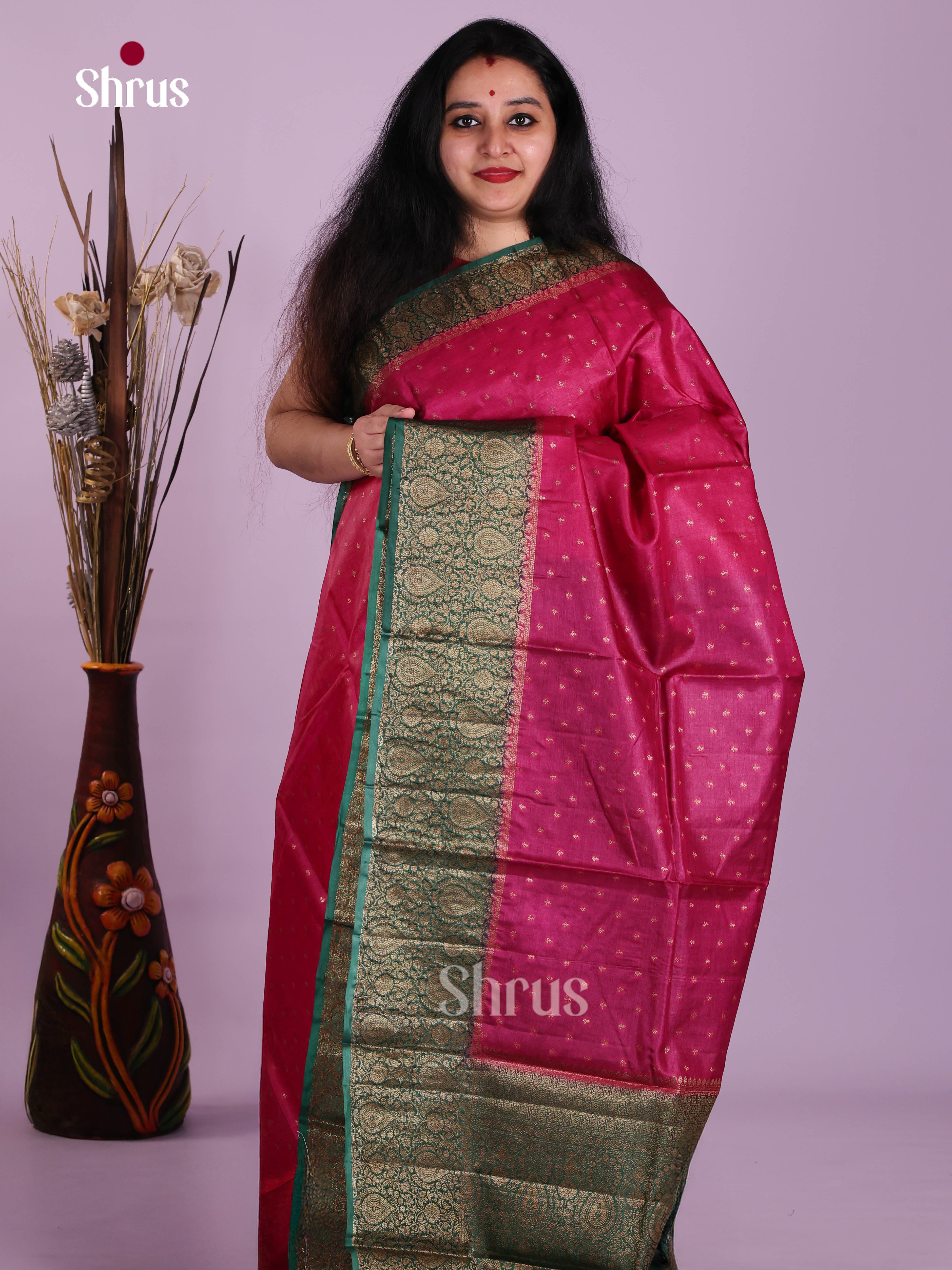 Pretty Pink Handloom Tussar Silk Saree With Paisley Zari Woven Green Border