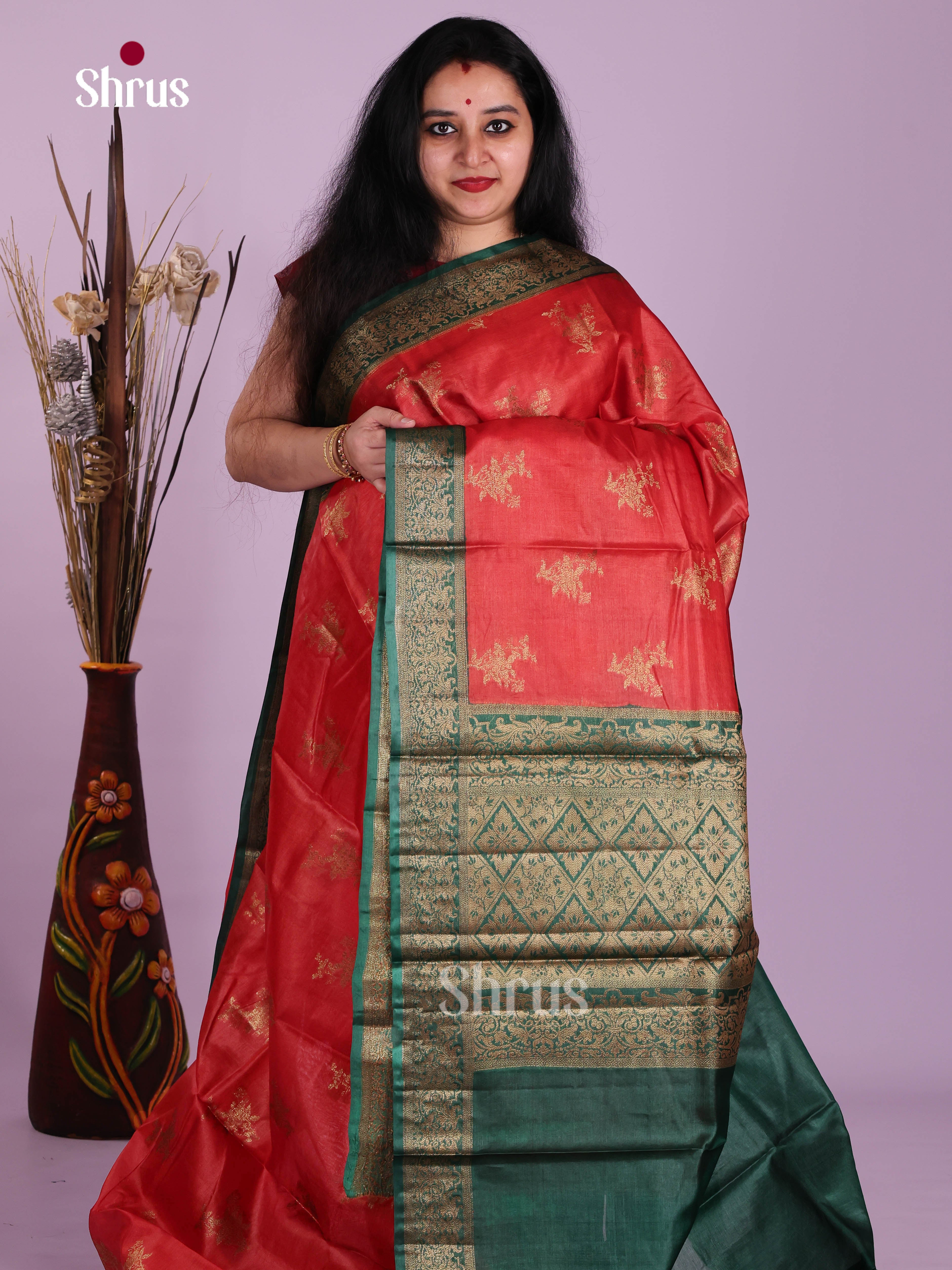 Striking Red Handloom Tussar Silk Saree With Golden Motifs & Green Pallu