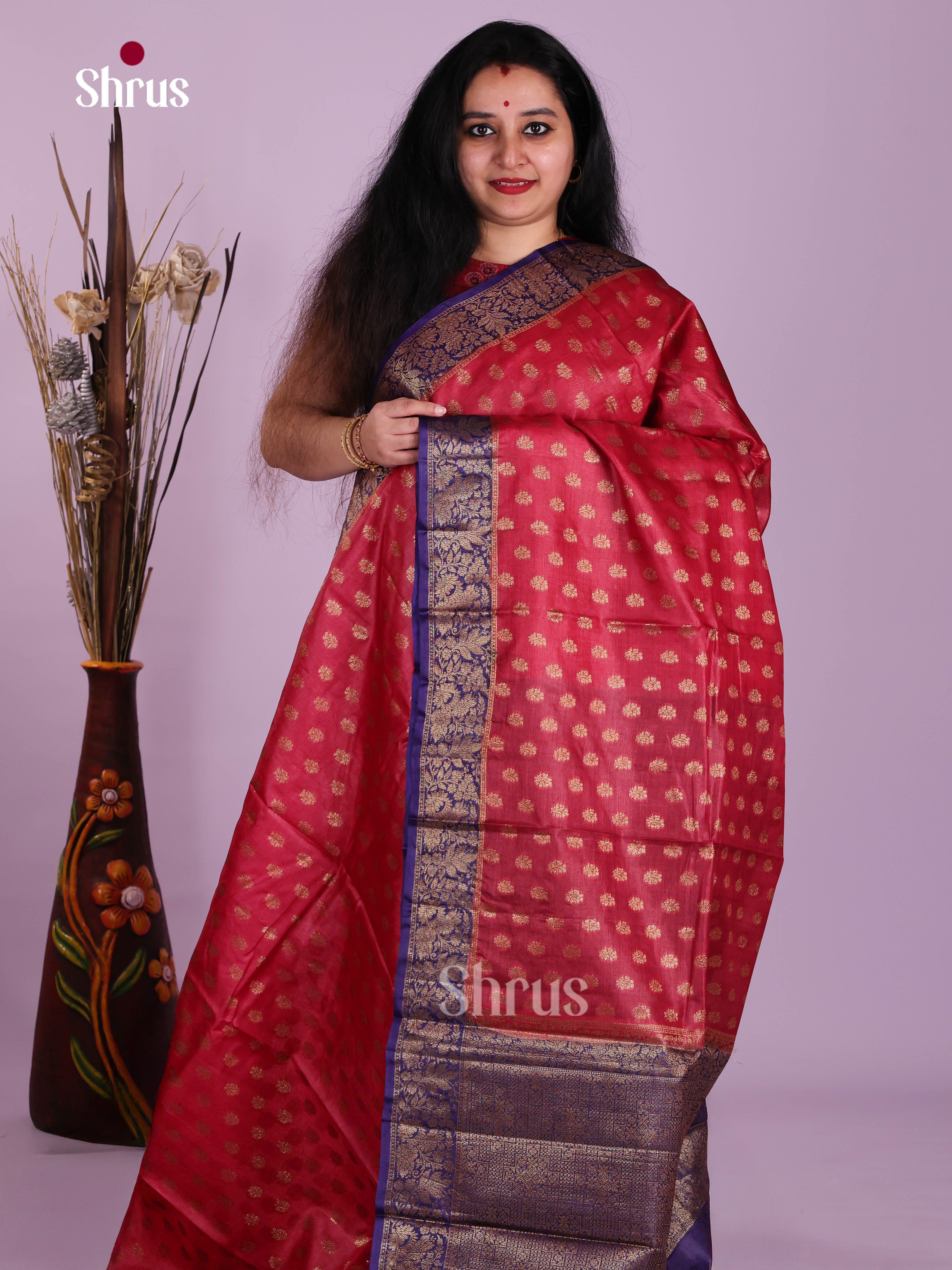 Dazzling Red Handloom Tussar Silk Saree With Zari Buttis & Navy Blue Pallu
