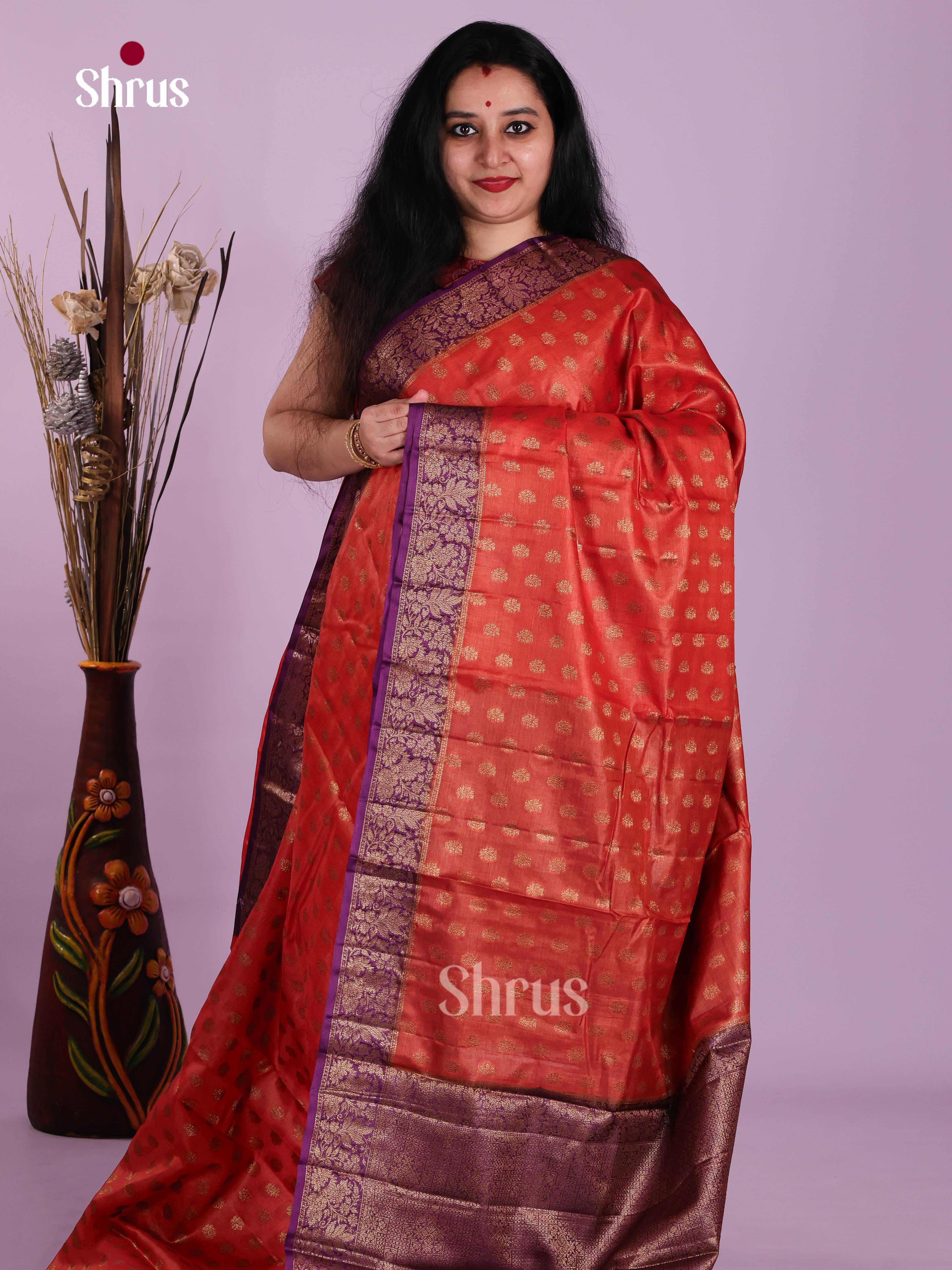 Brilliant Orange Handloom Tussar Silk Saree With Gold Buttis & Purple Pallu