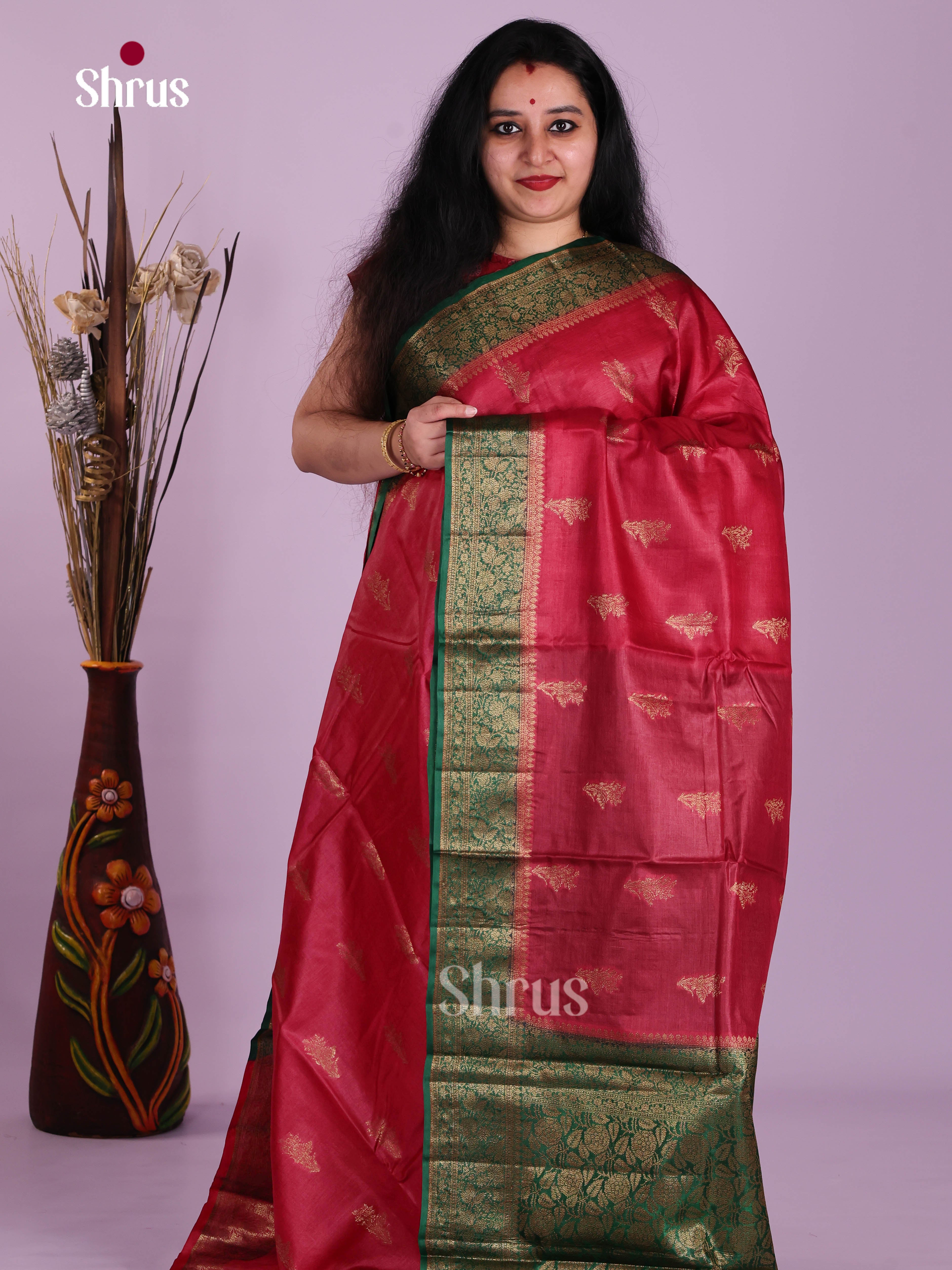Captivating Red Handloom Tussar Silk Saree With Gold Motifs & Green Pallu