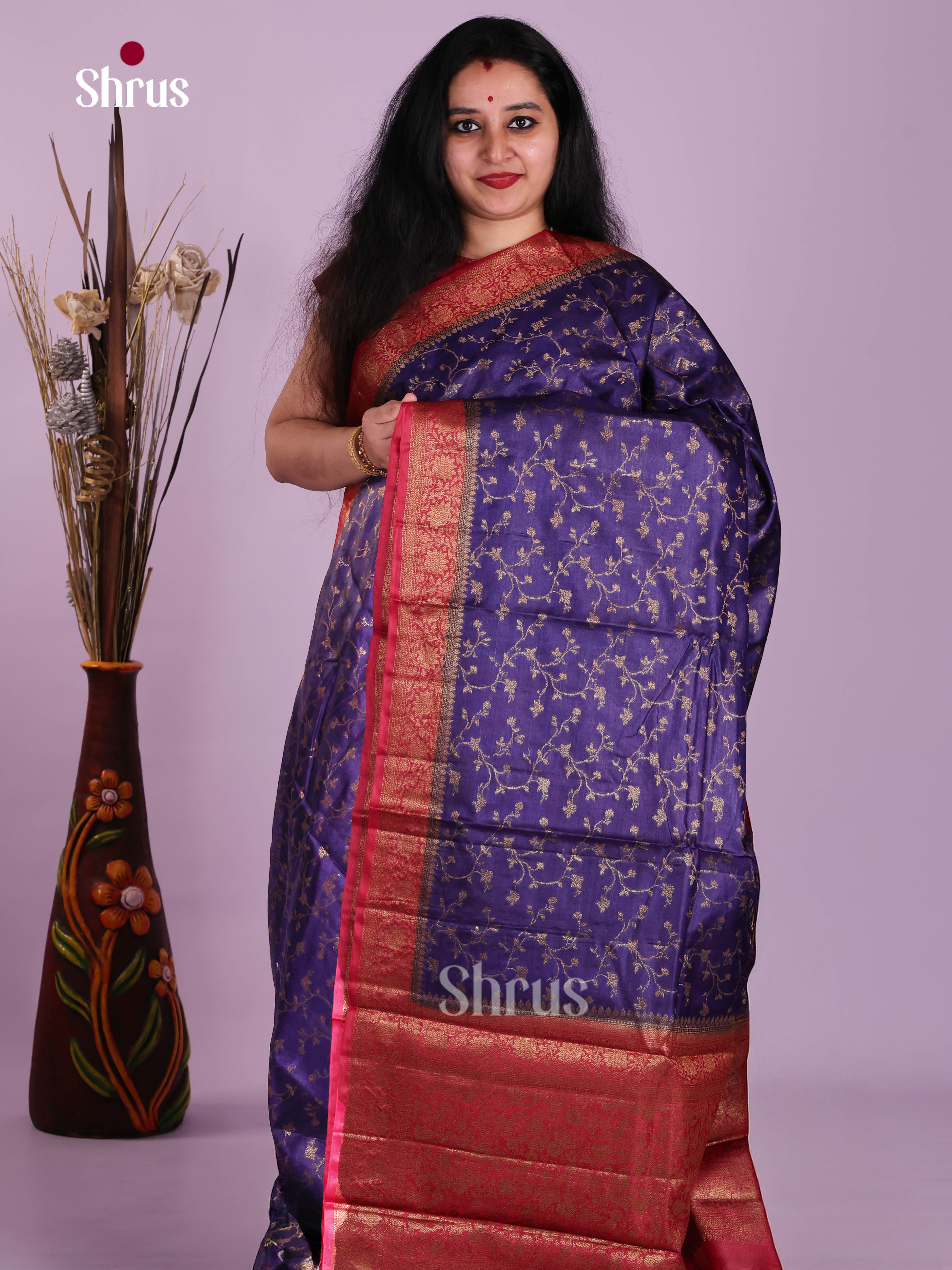 Magnificent Purple Handloom Tussar Silk Saree With Golden Floral Vines & Red Pallu